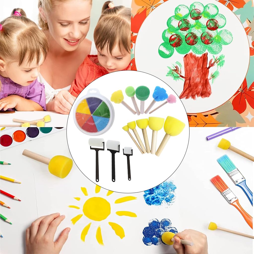 HASTHIP 14Pcs Sponge Art Supplies - 7-Color Acrylic Paint, Diverse Brushes & Rollers, DIY Sponge Art Creative Painting Brush Mixed Shaped Sponge Painting Stick Sponge Art Painting Brush Paint Rollers