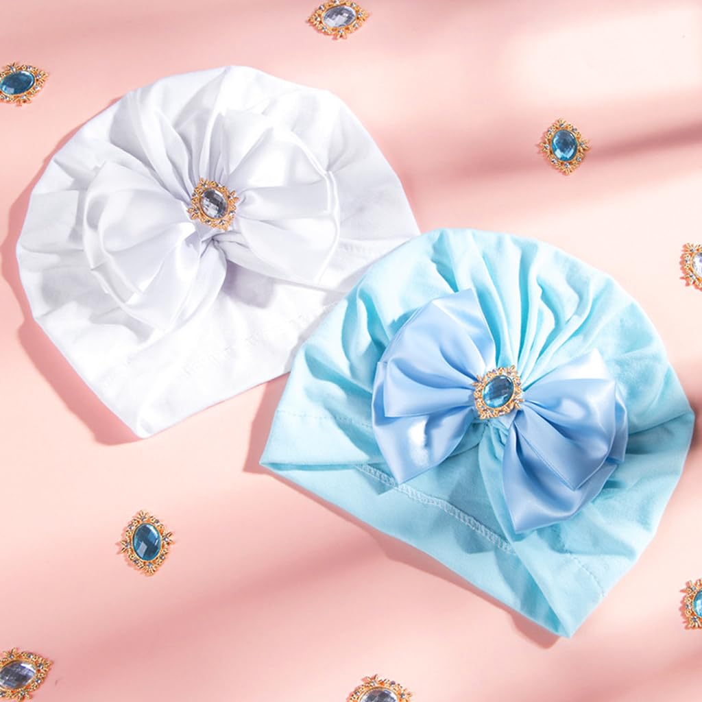 PALAY 3pcs Turban Caps for Baby Girl Boy Cute Infant Bow Caps for Baby Girl Stretchy Crystal Satin Bow Hat for Baby Girls Shower Gift Baby Caps for Born 0-12 Months