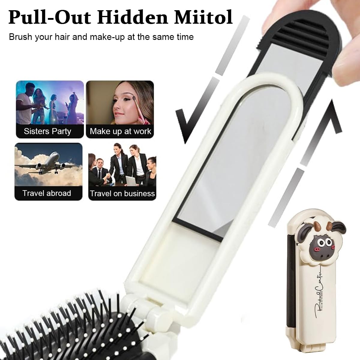 MAYCREATE Folding Hair Brush with Mirror, Portable Travel Hair Comb Brush Cute Cartoon Soft Bristles Foldable Hair Brush for Women Men
