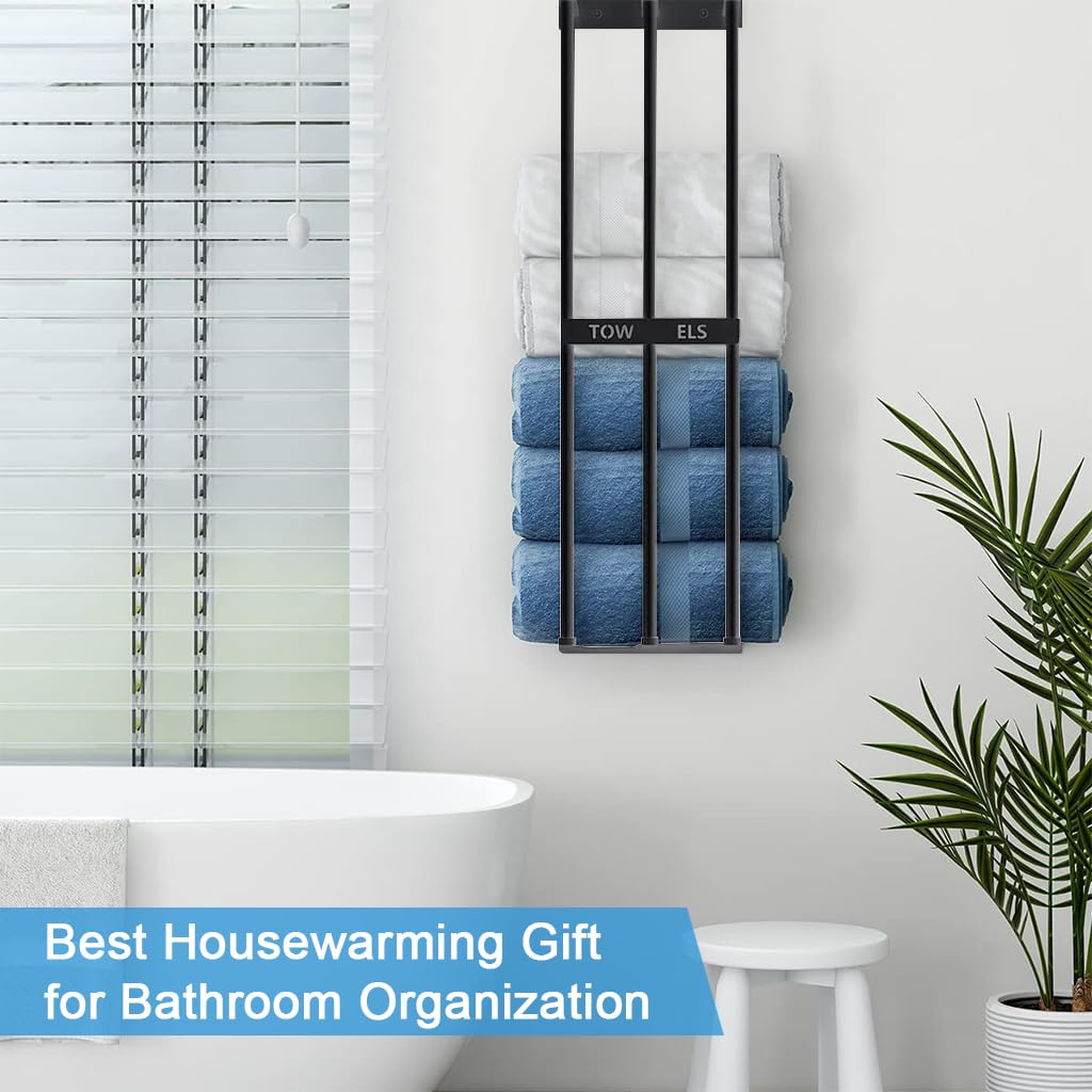 HASTHIP Towel Rack for Bathroom, Wall Mounted Towel Holder, Large Capacity 3 Bar Towel Racks, Bathroom Towel Storage, Metal Bath Towel Holder for Folded Large Towel Washcloths, 28'' x 7.9'' (Black)