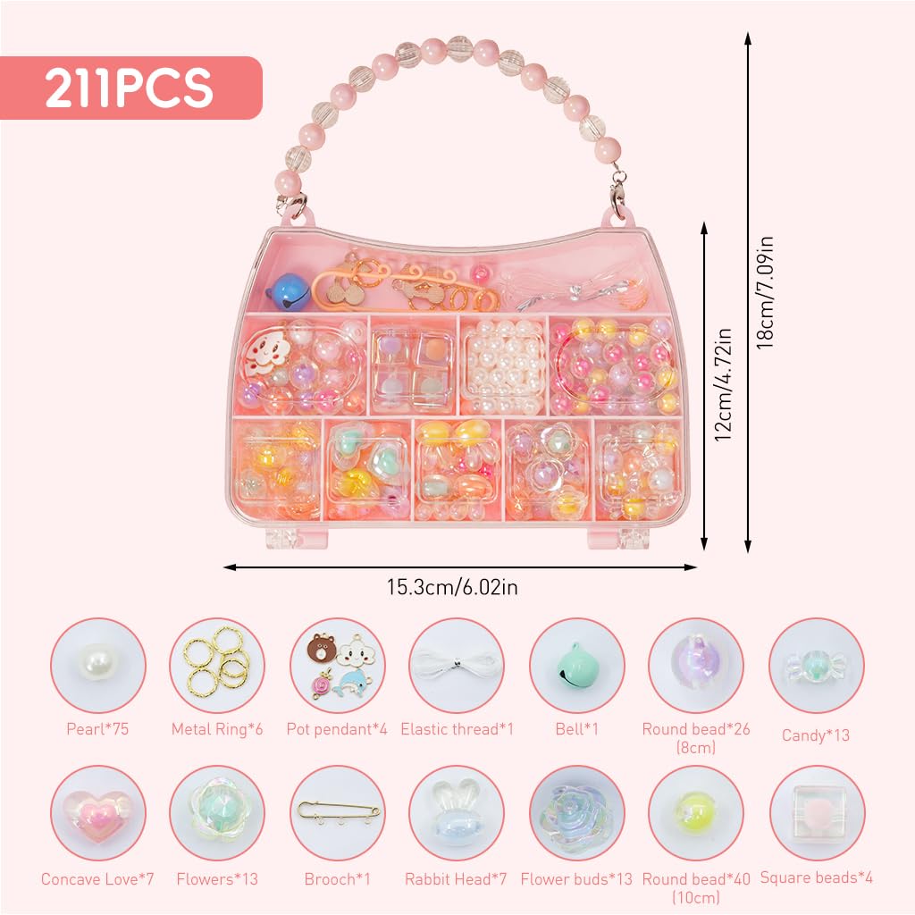 PATPAT 211 Jewelry Making Kit Gifts for Kids,Pink Handbag Bead Box for Bracelet Making Kit for Girls,6-Year-Old Girl Birthday