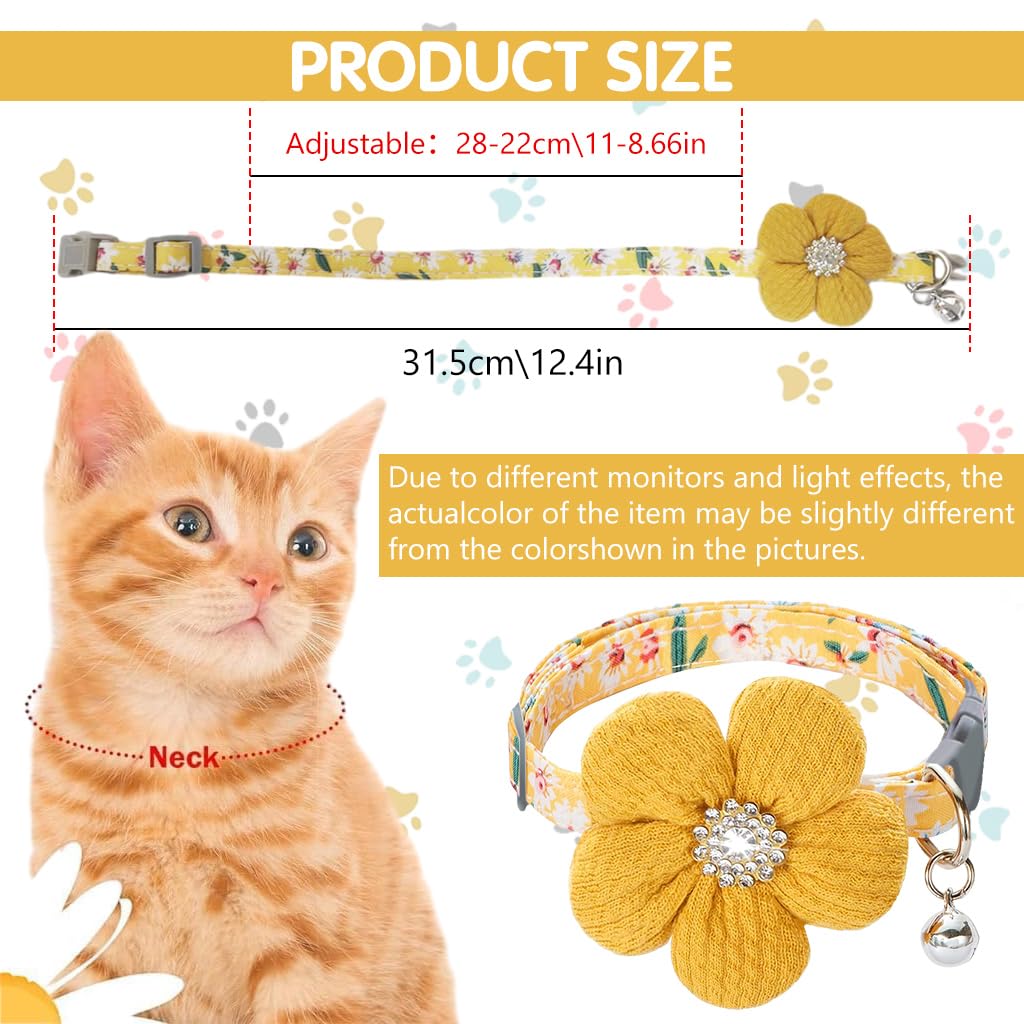 Qpets Yellow Cat Collar, Flower Cat Collar with Handcrafted Crochet - Quick Release Buckle, Plush for Comfort, Silver Bell Accessory