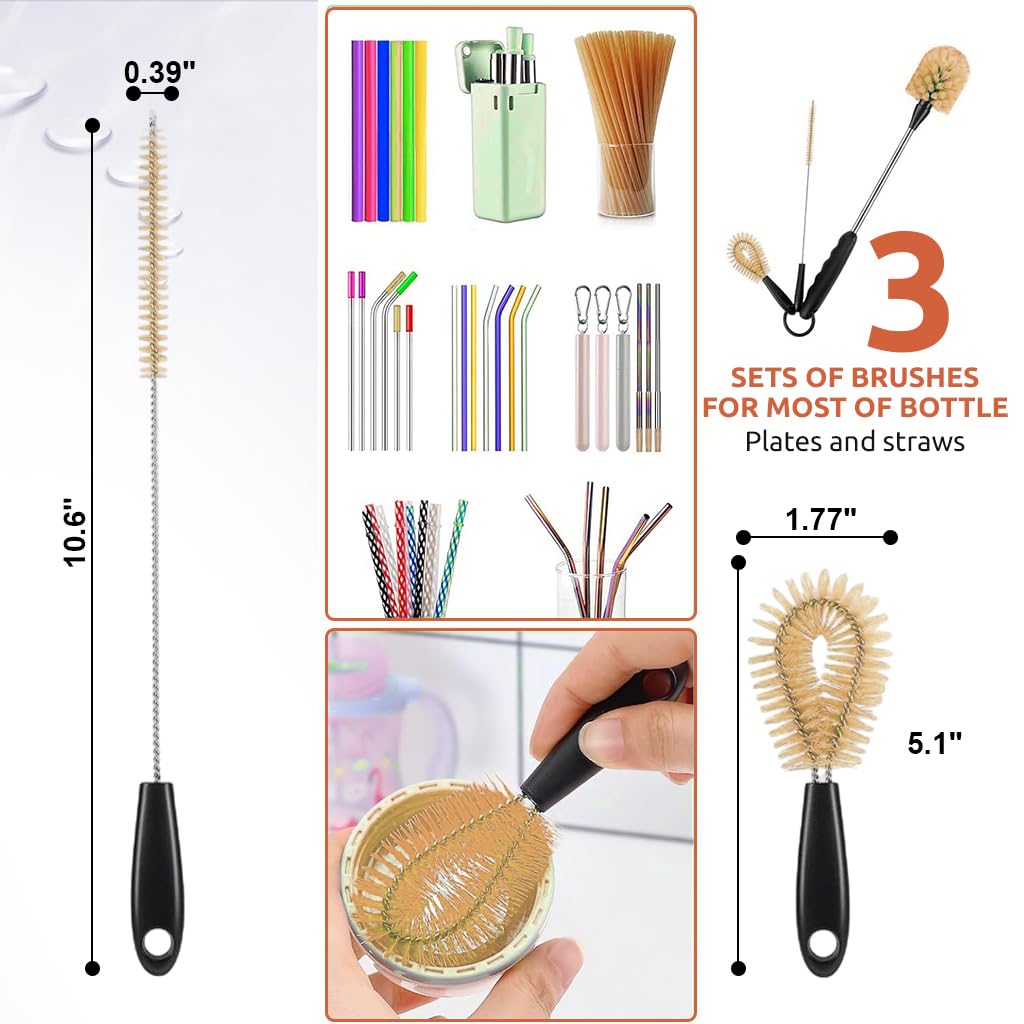 HASTHIP 3 Pcs Bottle Cleaning Brush with Straw Cleaner, Long/Short Handle Bottle Cleaning Brush for Deep Cleaning Water Bottles, Baby Bottles, Coffee Cups (Black)