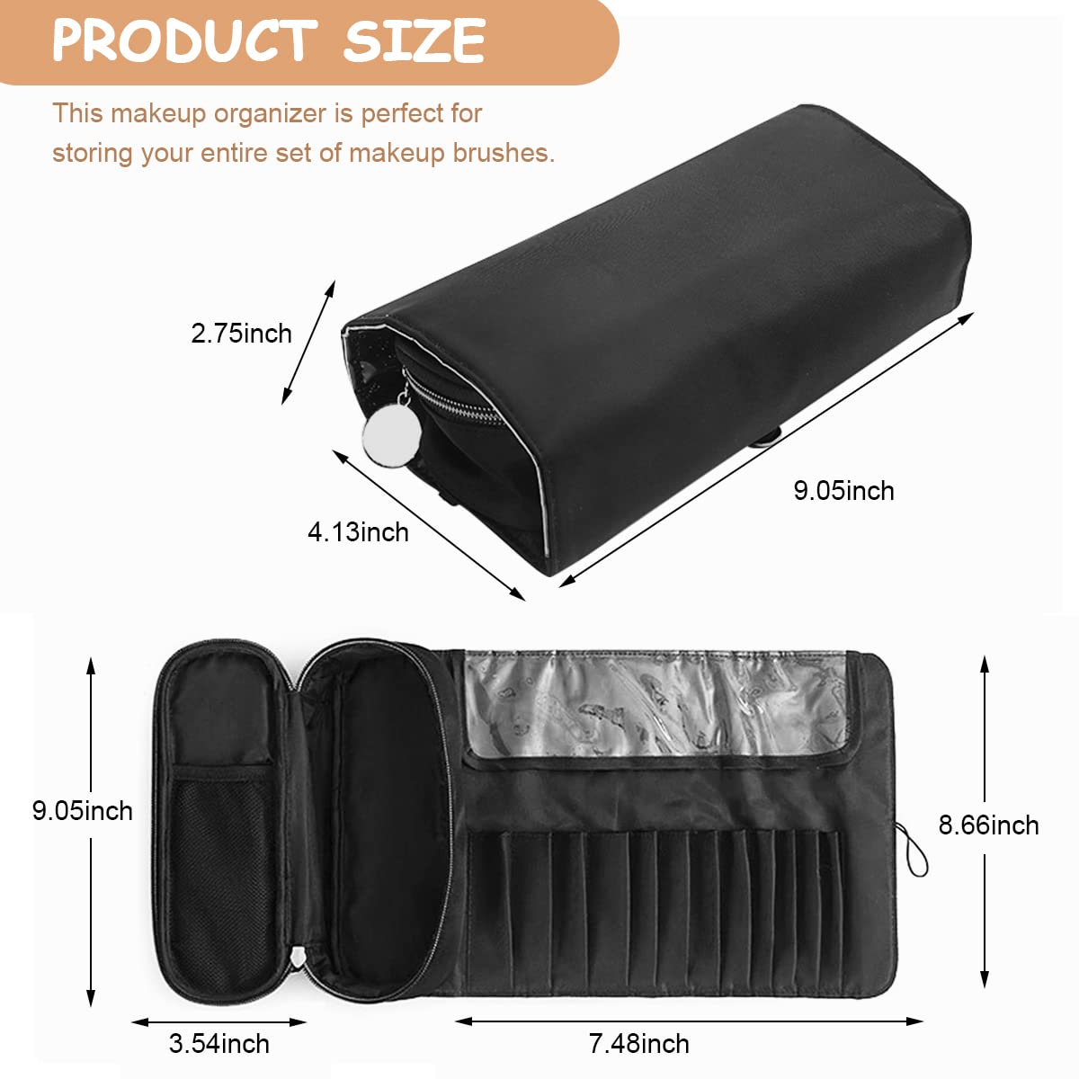 MAYCREATE Makeup Brush Holder Travel Makeup Brush Organizer Cosmetic Bag Roll Up Storage Case Pouch with 12 Brush Sleeve, Zipper & Mesh Pouch, Waterproof & Dustproof