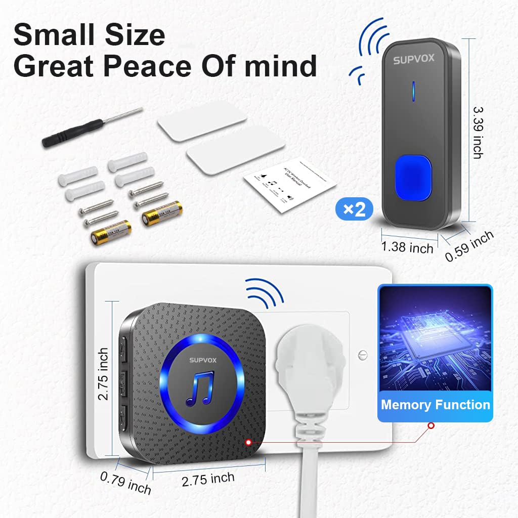 Supvox Door Bell for Home 1 Receiver & 2 Transmitter Wireless Bell for Office Calling Bell Wireless Waterproof IP55 Long Range Remote Bell with LED Indicator Light and 55 Ringtones Door Bell