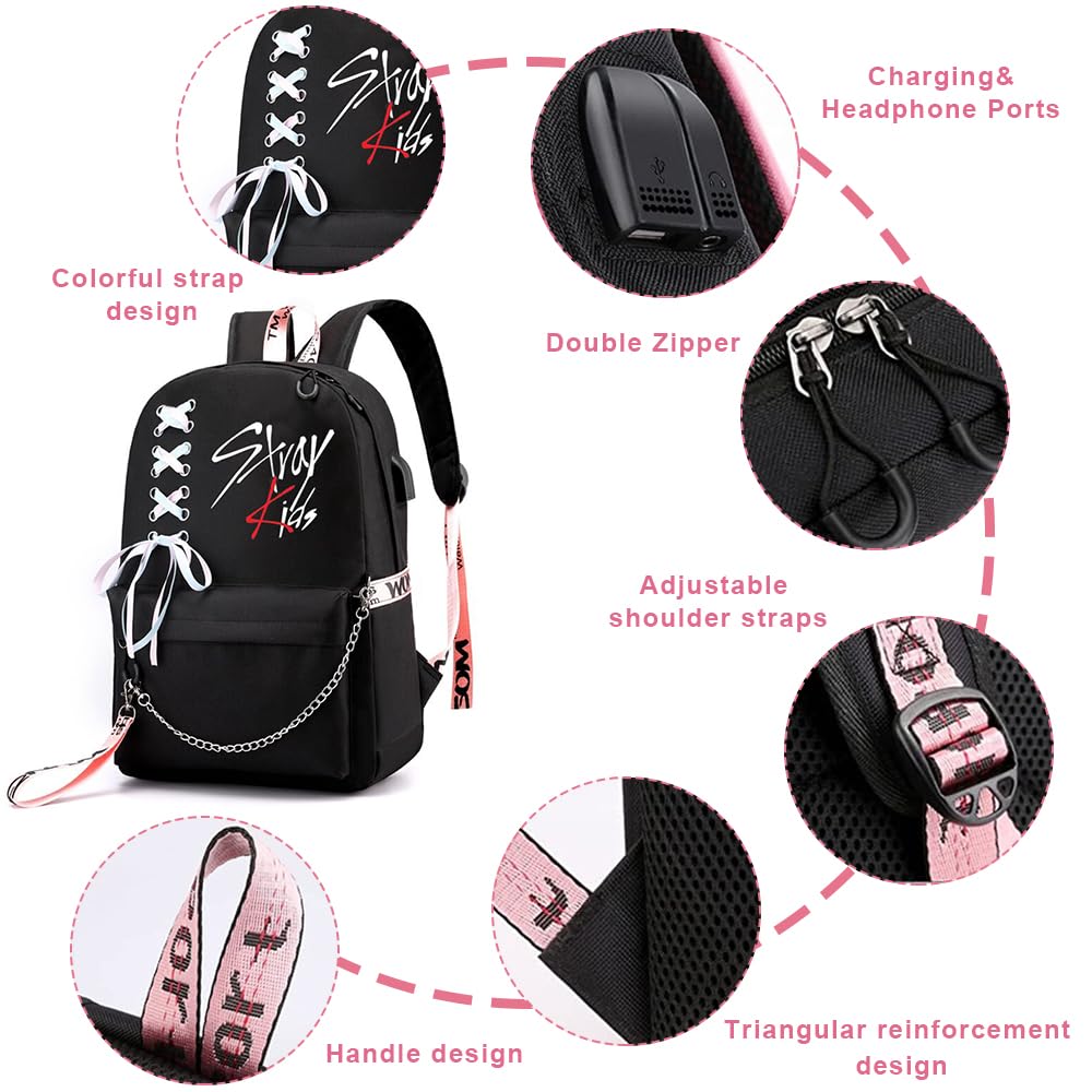 PALAY K-pop Stray Kids Letter Prints 15'' School Backpack with Cloth Pencil Case Travel Backpack for Girls Black Large Backpack for School, Travel Bag Stray Kids Merchandise School Backpack for Girls