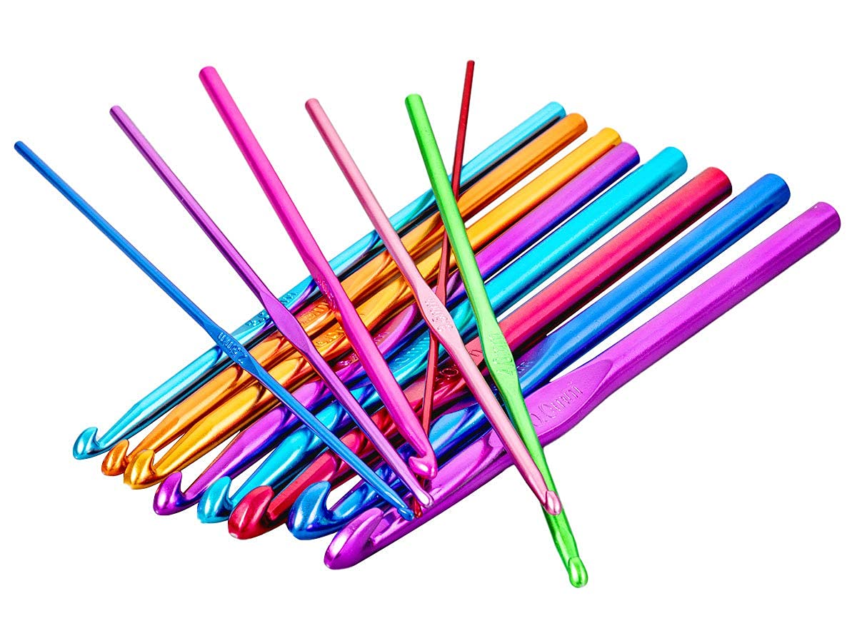 HASTHIP Metal 12pcs Aluminum Crochet Hooks Set,Small to Large 2mm-8mm,Round Blunt Yarn Knitting Needles Tool Kit