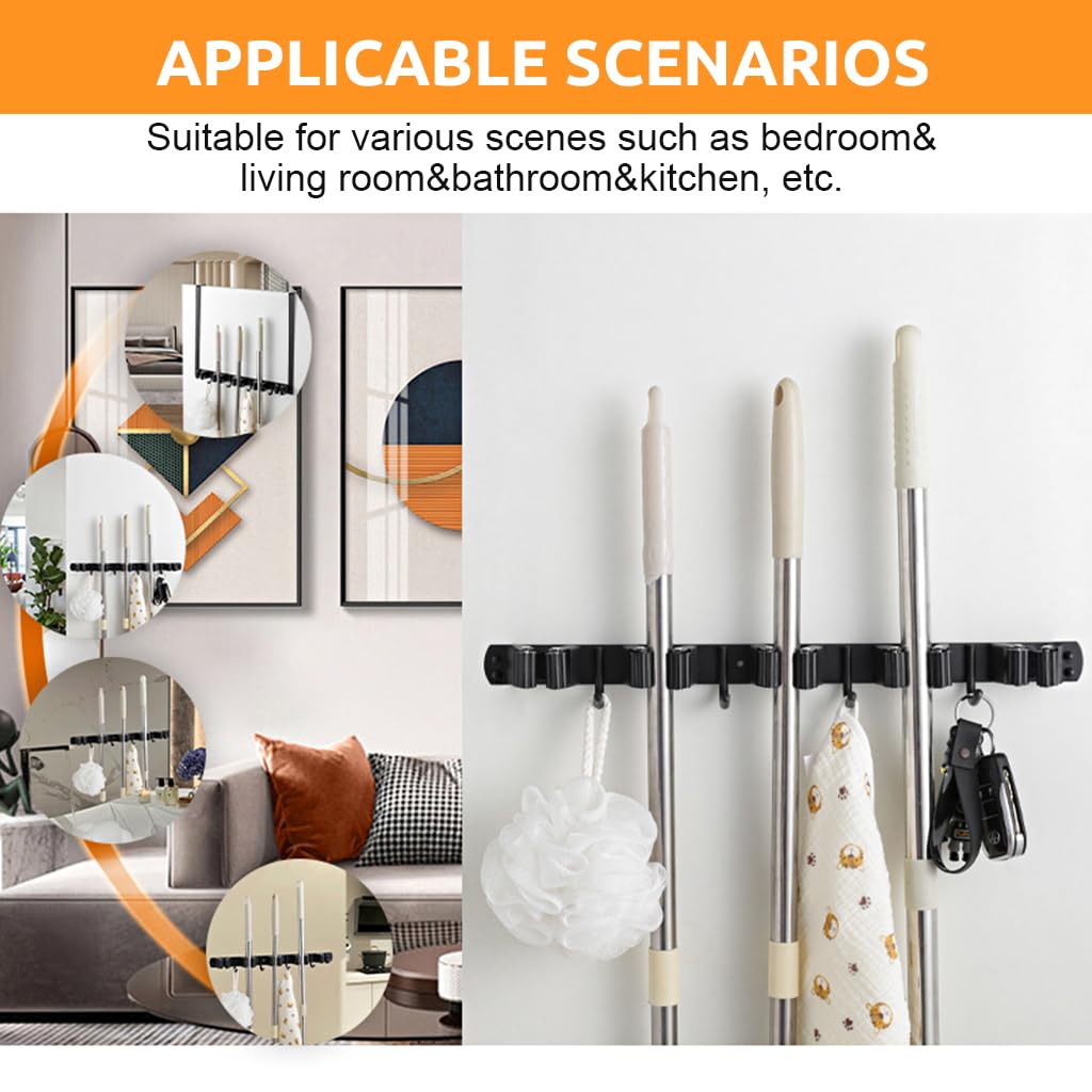 HASTHIP Stainless Steel Broom Holder Wall Mounted, 5-Slot Mop Organizer with 4 Hooks, Heavy Duty Multifunctional Rack Broom Mop Holder for Kitchen Bathroom Closet Garage Office Garden