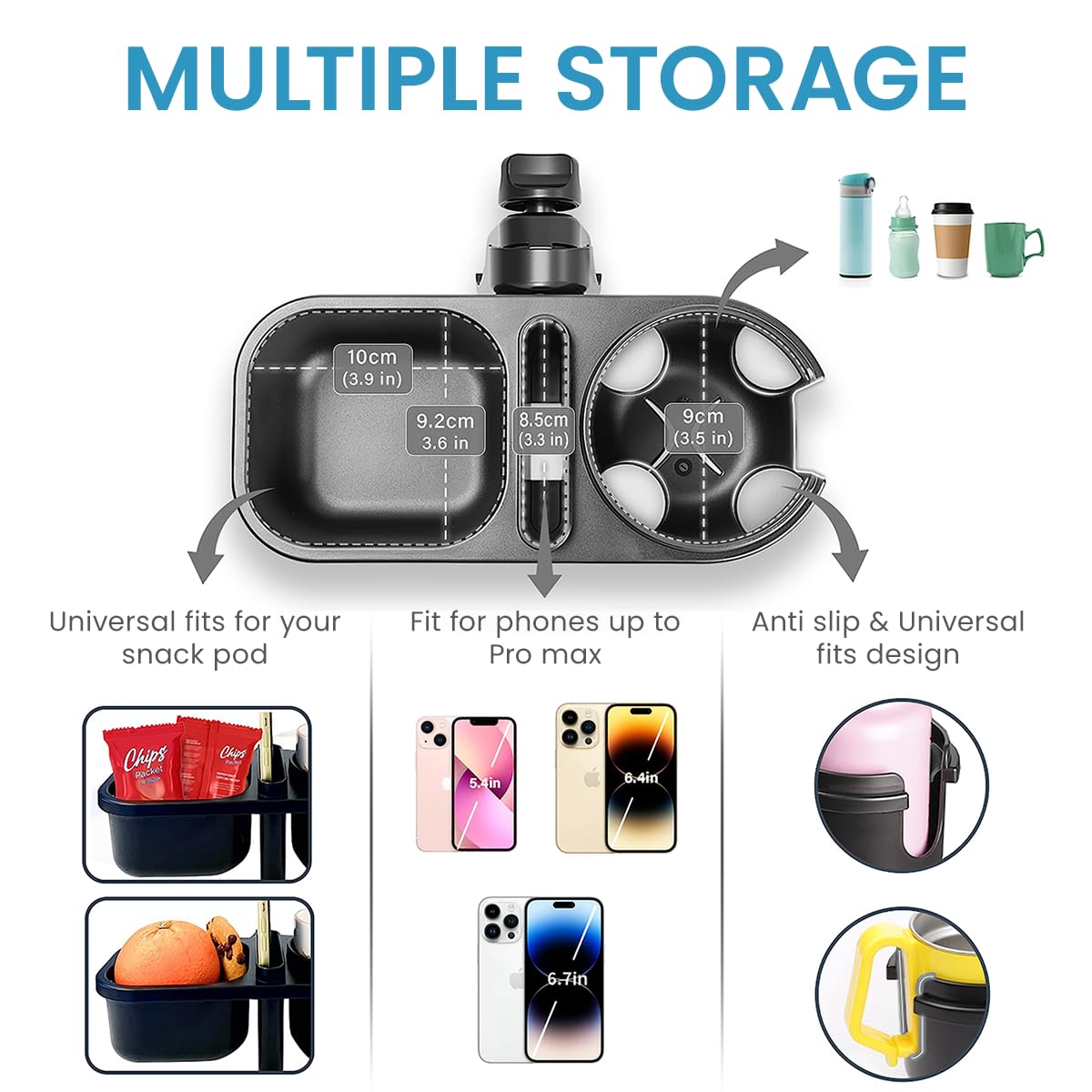 SNOWIE SOFT 3 in 1 Stroller Cup Holder Phone Holder with 2 Hanging Hooks Snack Tray Water Bottle Holder Universal Cup Holder for Baby Stroller, Scooter, Baby Stroller Accessories