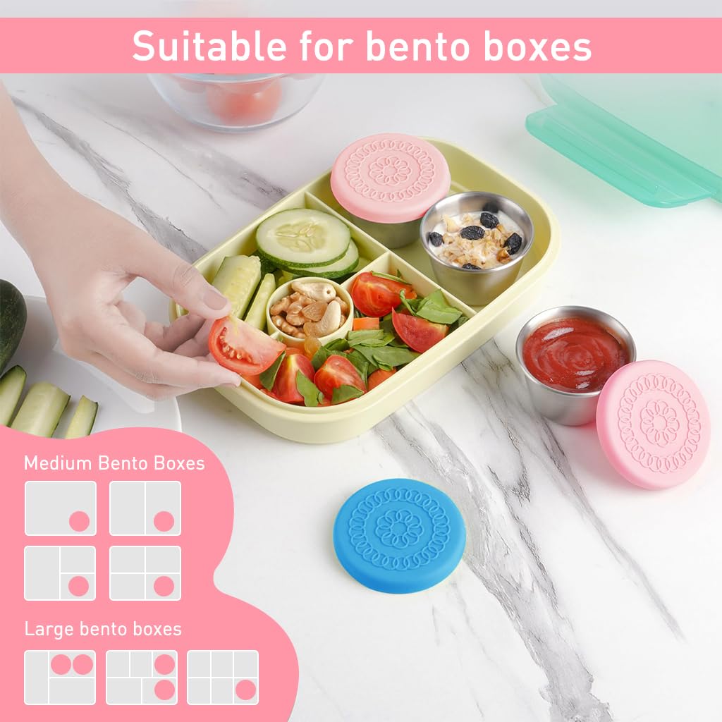 HASTHIP 2pcs Ketchup Cups 70ML Stainless Steel Sauce Cups with Silicone Lid Leakproof Salad Dressing Container Ketchup Cups for Lunch Bento Box, Picnic, Travel