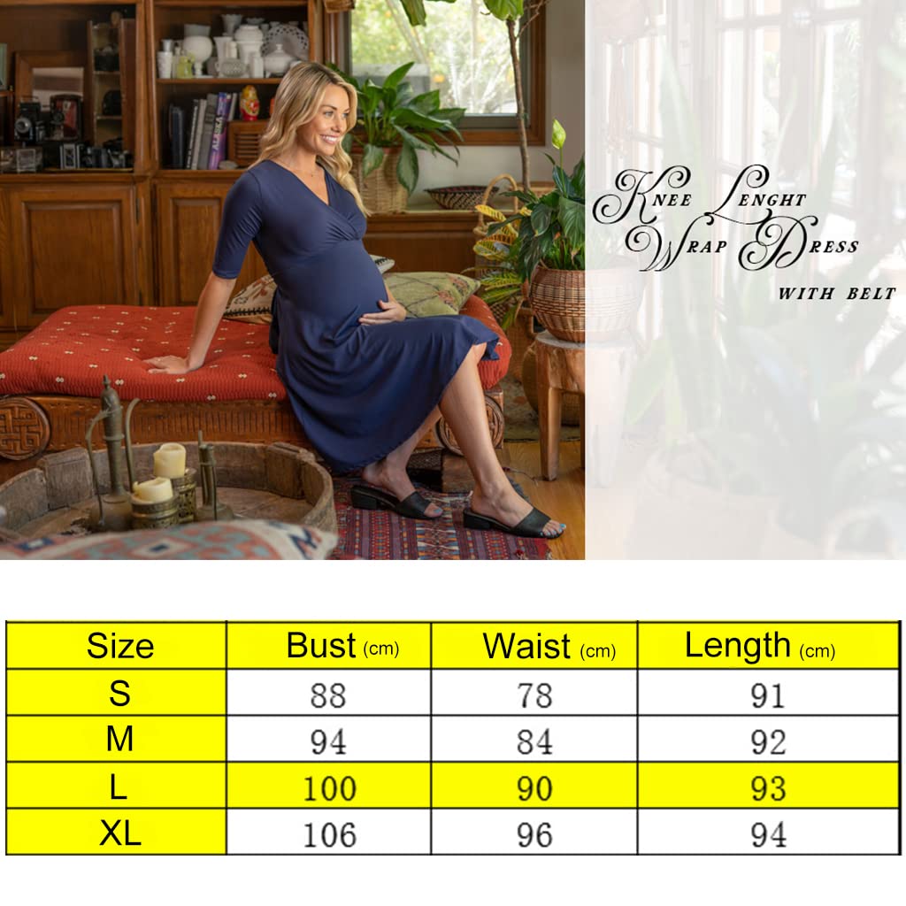 PALAY Maternity Dress for Women with Fasten Belt, Stylish V-Neck Pregnancy Dress for Nursing Pre and Post Pregnancy, Knee Length Western Maternity Dress (L)