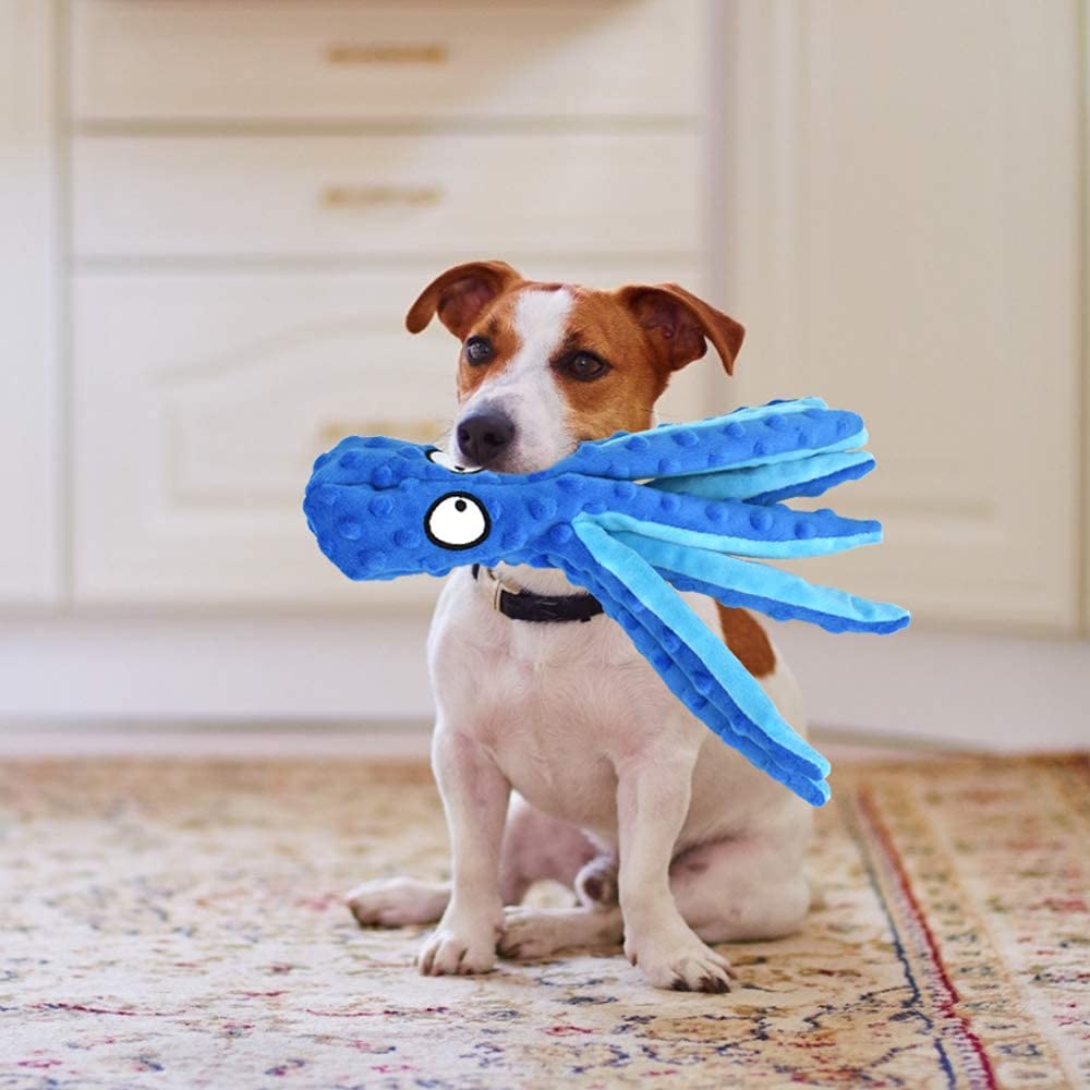 Qpets Squeaky Dog Toys with Crinkle Paper for Puppy Teething Durable Dog Chew Toy Funny Interactive Pupper Toys for Small to Medium Dogs Training and Playing Blue
