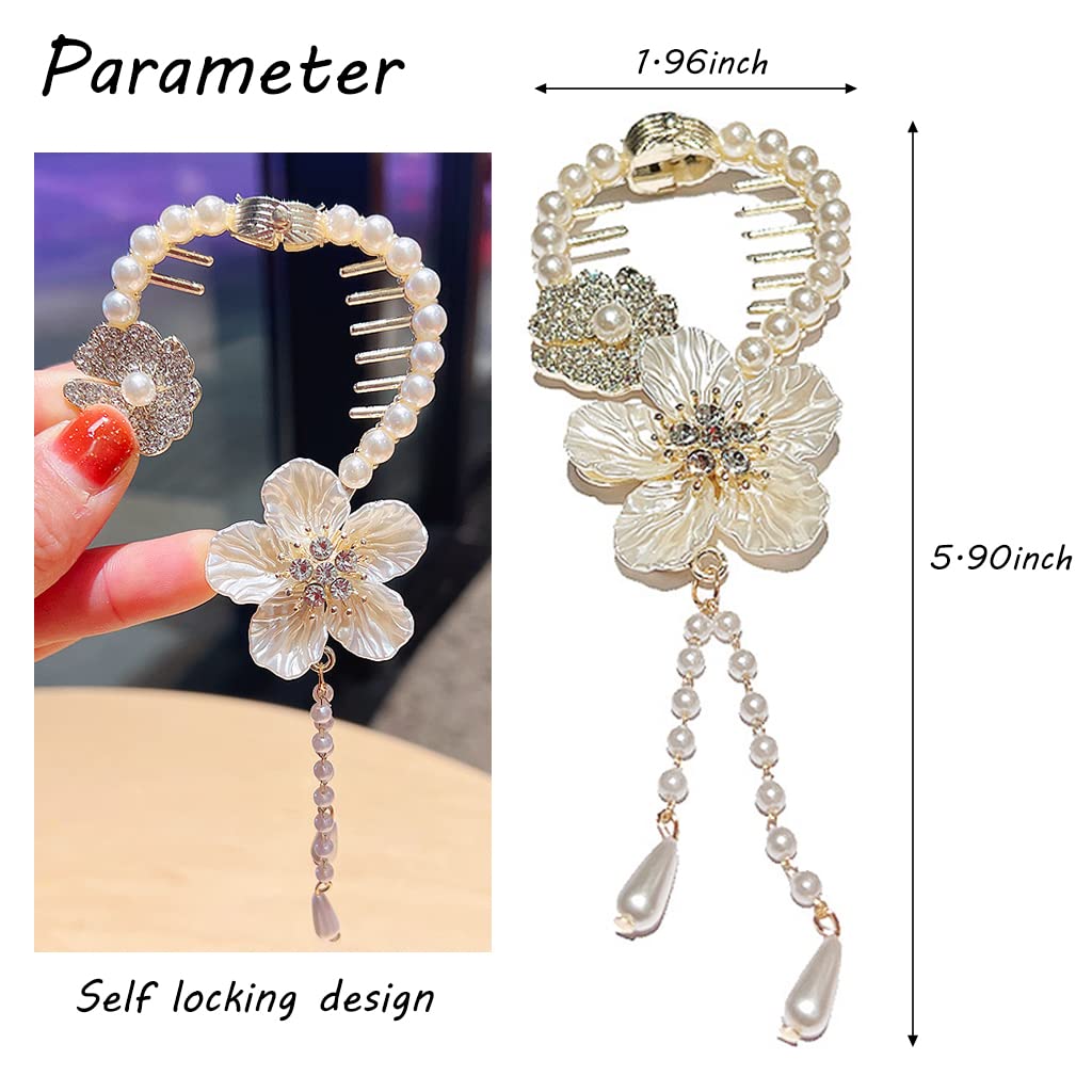 PALAY Tassel Hair Bun Accessories for Women, Pearl Flower Hair Bun Clips, Trendy Hairstyle Claw Hair Clips for Buns, Metal Rhinestone Bun Holder for Party or Daily Use