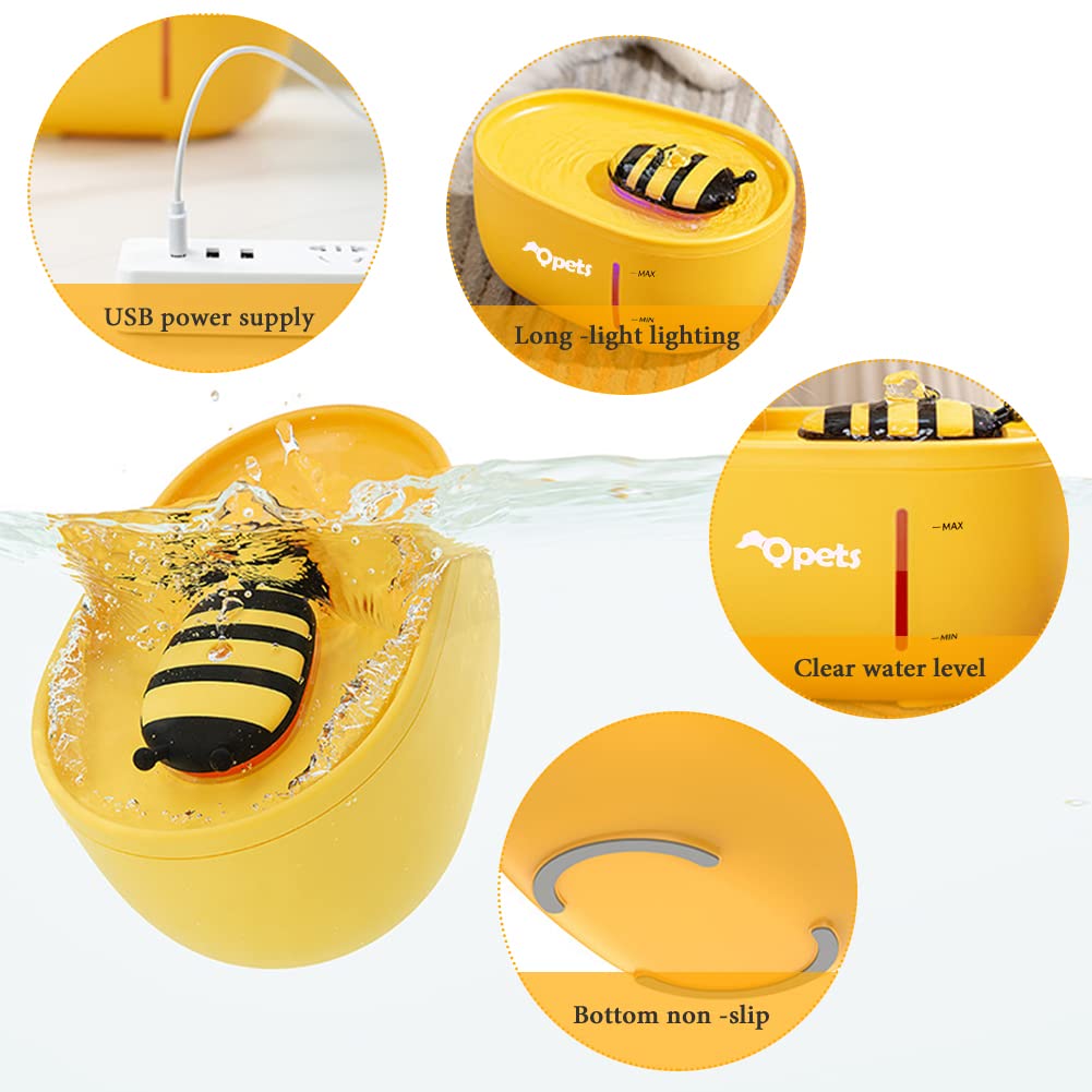 Qpets 2L Cat Water Fountain, Auto Cat Dog Water Fountain Water Dispenser with Filter, Cartoon Bee Style Water Dispenser for Cat, Dog Water Fountain Dog Water Fountain for Cats Dog Water Bottles