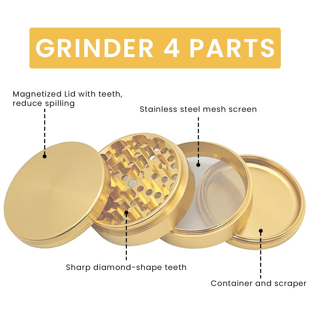 Supvox Herb Grinder Spice Mill 1.96'' Metal Grinder with Precision Teeth Minimalism Brushed Golden Zinc Alloy Kitchen Grinder for Herbs & Spices