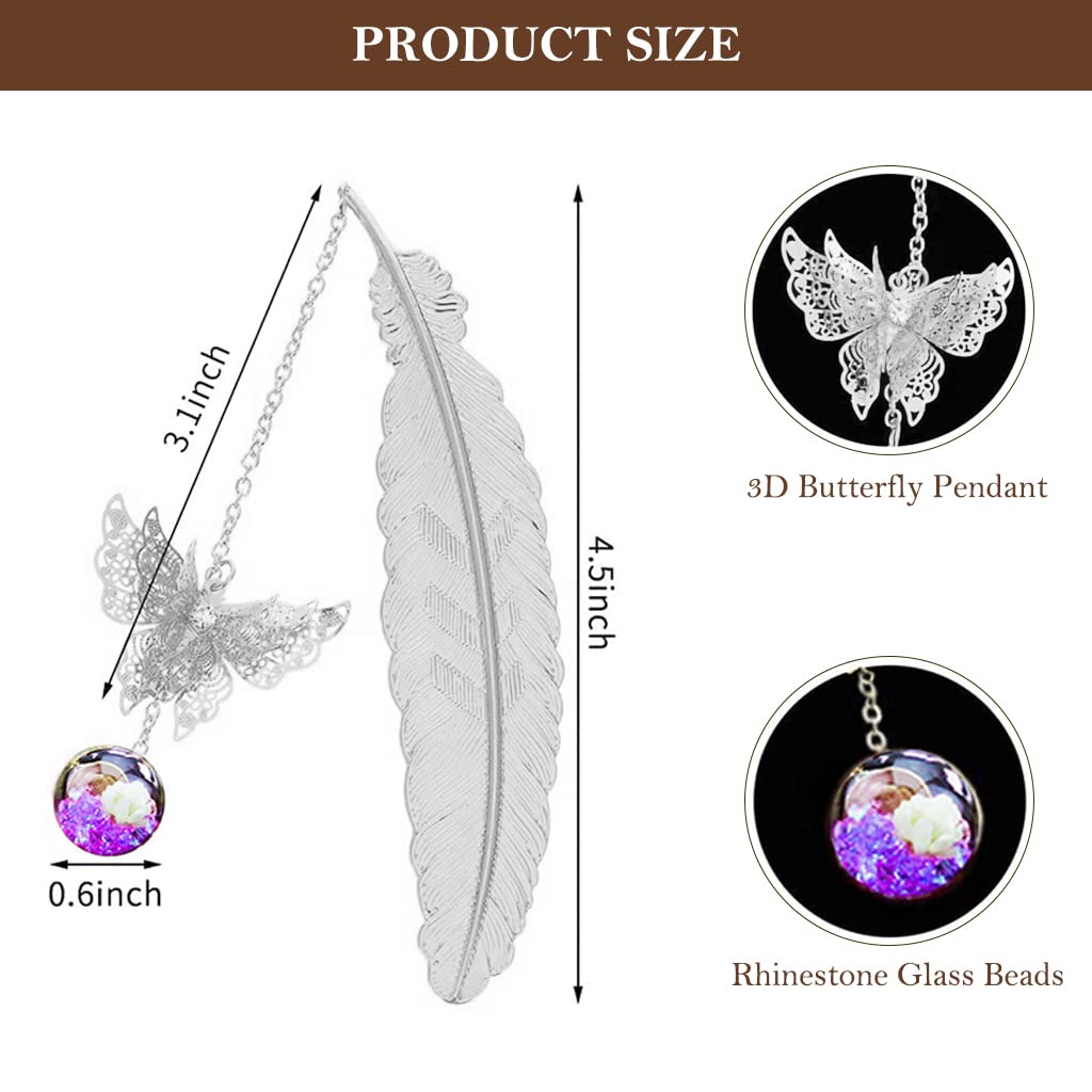 HASTHIP Metal Feather Bookmark with Glass Beads Pendant, Vintage Feather Butterfly Bookmark for Reading Enthusiasts and Gifting, Bookmark Gift for Teachers Women (Silver Bookmark, Purple Flower)