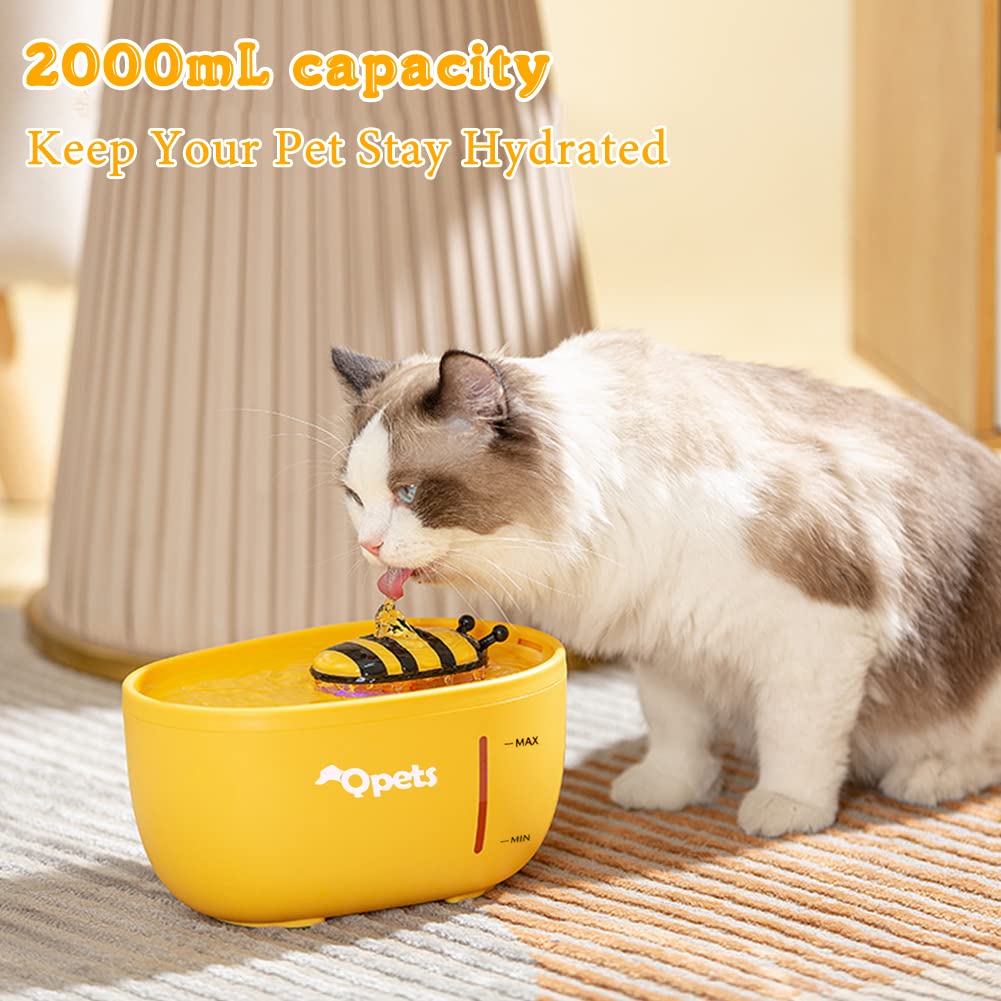Qpets 2L Cat Water Fountain, Auto Cat Dog Water Fountain Water Dispenser with Filter, Cartoon Bee Style Water Dispenser for Cat, Dog Water Fountain Dog Water Fountain for Cats Dog Water Bottles