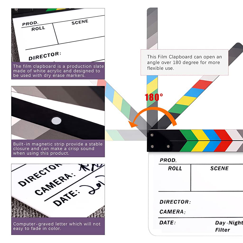 ZORBES 12x10 inch Acrylic Clapboard/Film Slate Cut Action Scene Clapper with Markers and Erasers for Movie Directors,Filmmaking,Photography,Studio,Video,TV