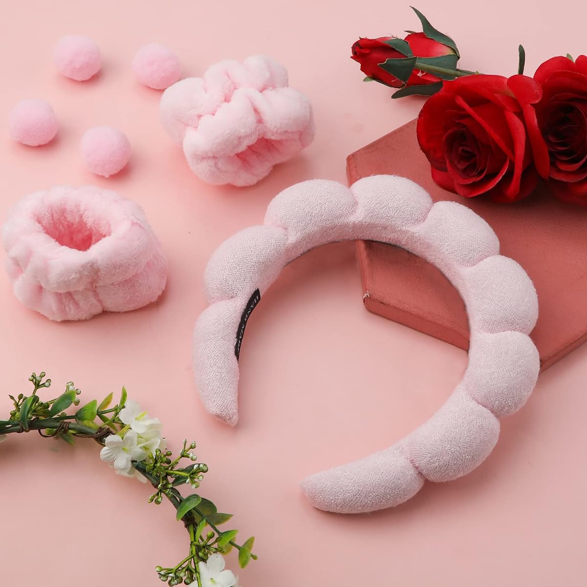 MAYCREATE Spa Headband Wristband for Women Girls Face Washing, Facial Skincare Headband Sunflower Sponge Makeup Hairband Wrist Washband Combo Set - Pink