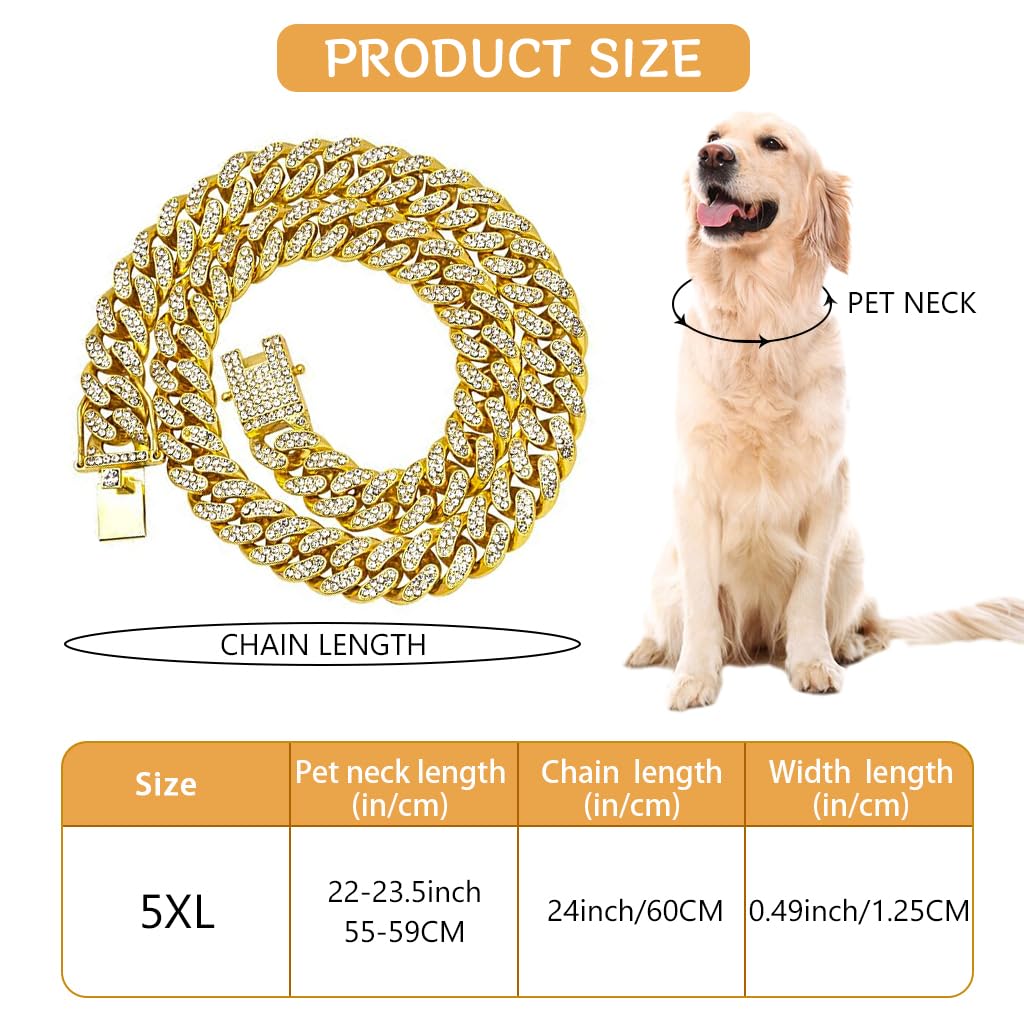 Qpets Dog Collar, Dog Chains for Strong Dogs, Dog Collar Chain for Large Dogs, Rhinestone Shining Metal Dog Neck Chain Collar with Secure Clasp (60CM/23.6'')