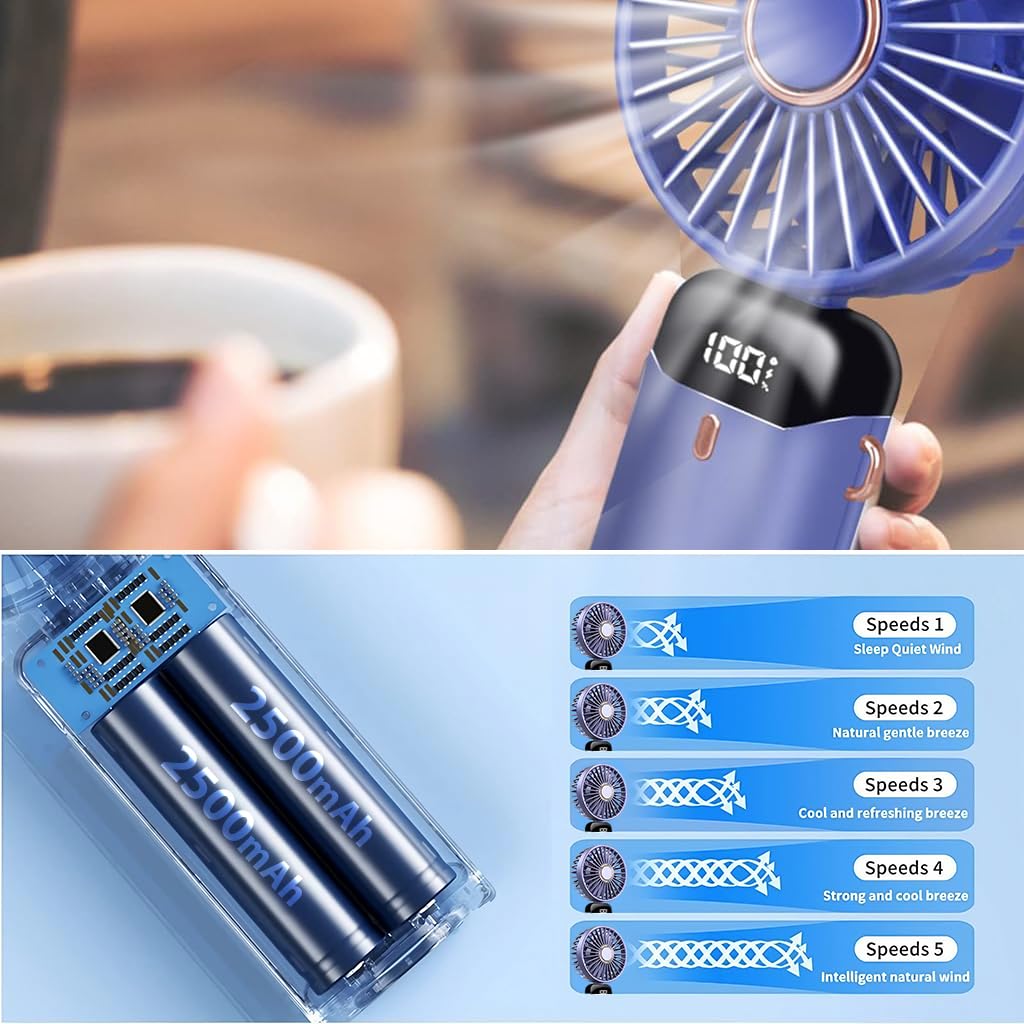 Verilux Hand Fan Mini Handheld Fan, 5000mAh Rechargeable with 5 Speeds, Battery Operated Mini Fan Foldable Desk Desktop Fans with LED Display for Home Office Bedroom Outdoor Travel (Wathetblue)