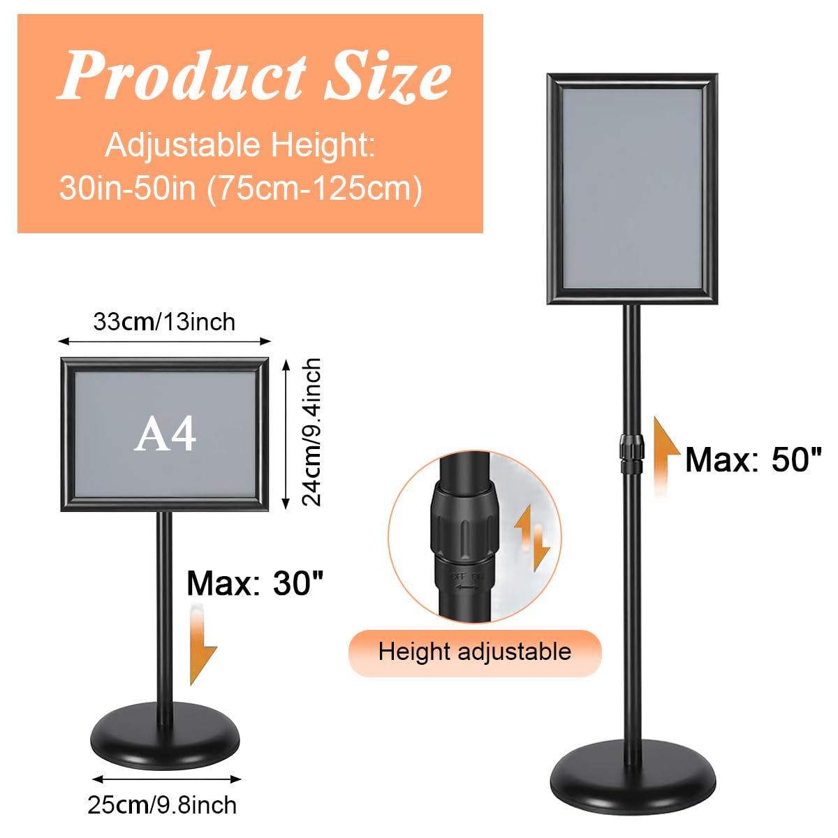 Climberty 11x17 Inch Pedestal Standing Sign Holder Stand Poster Stand, Heavy-Duty Adjustable Floor Standing Sign Holder with Round Base for Vertical/Horizontal Sign Display (Black)