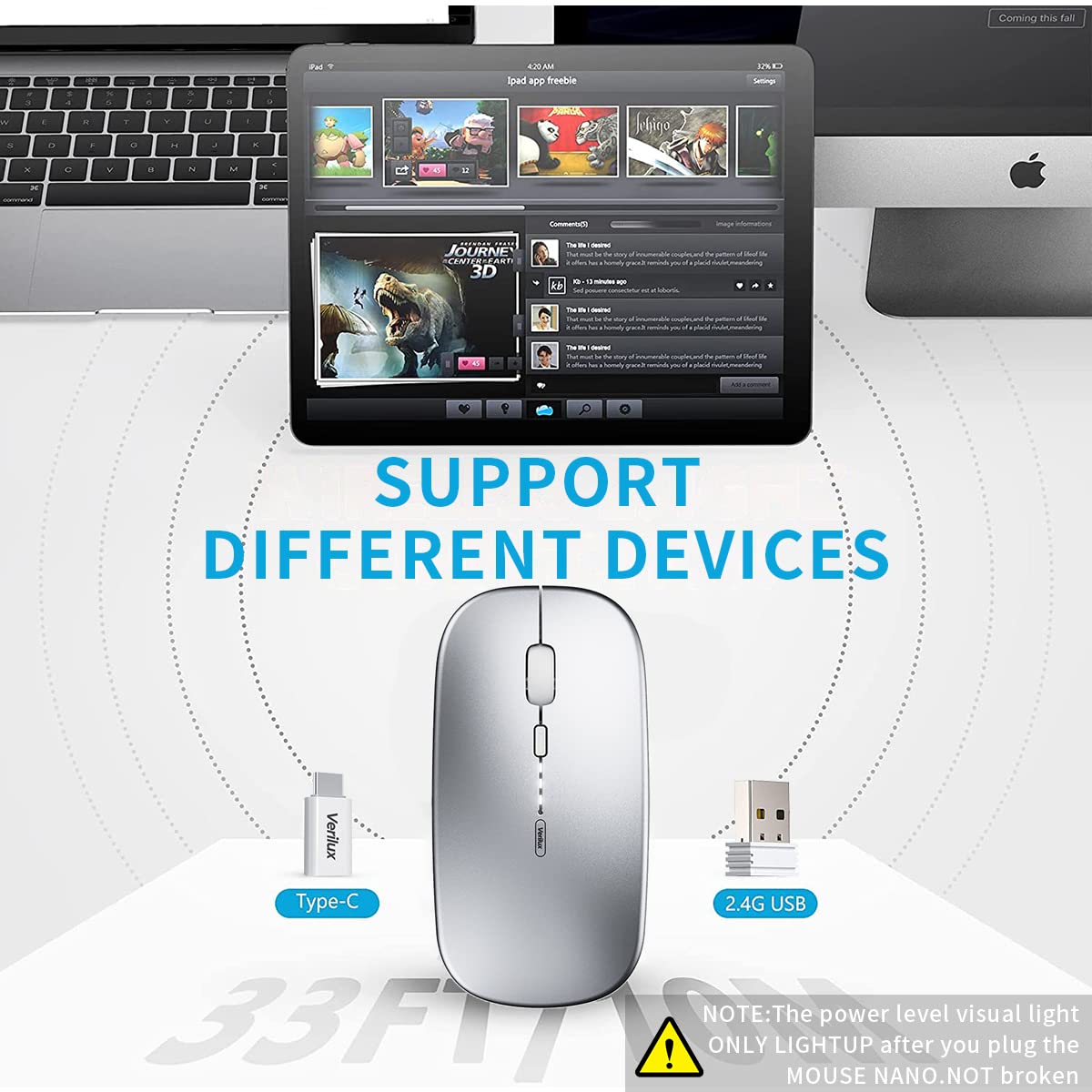 Verilux Wireless Mouse Rechargeable, Upgraded Ultra Slim 2.4G Silent Cordless Mouse Computer Mice 1600 DPI with USB Receiver for Laptop PC Mac MacBook, Windows (Space Sliver+ Battery Level Visible)