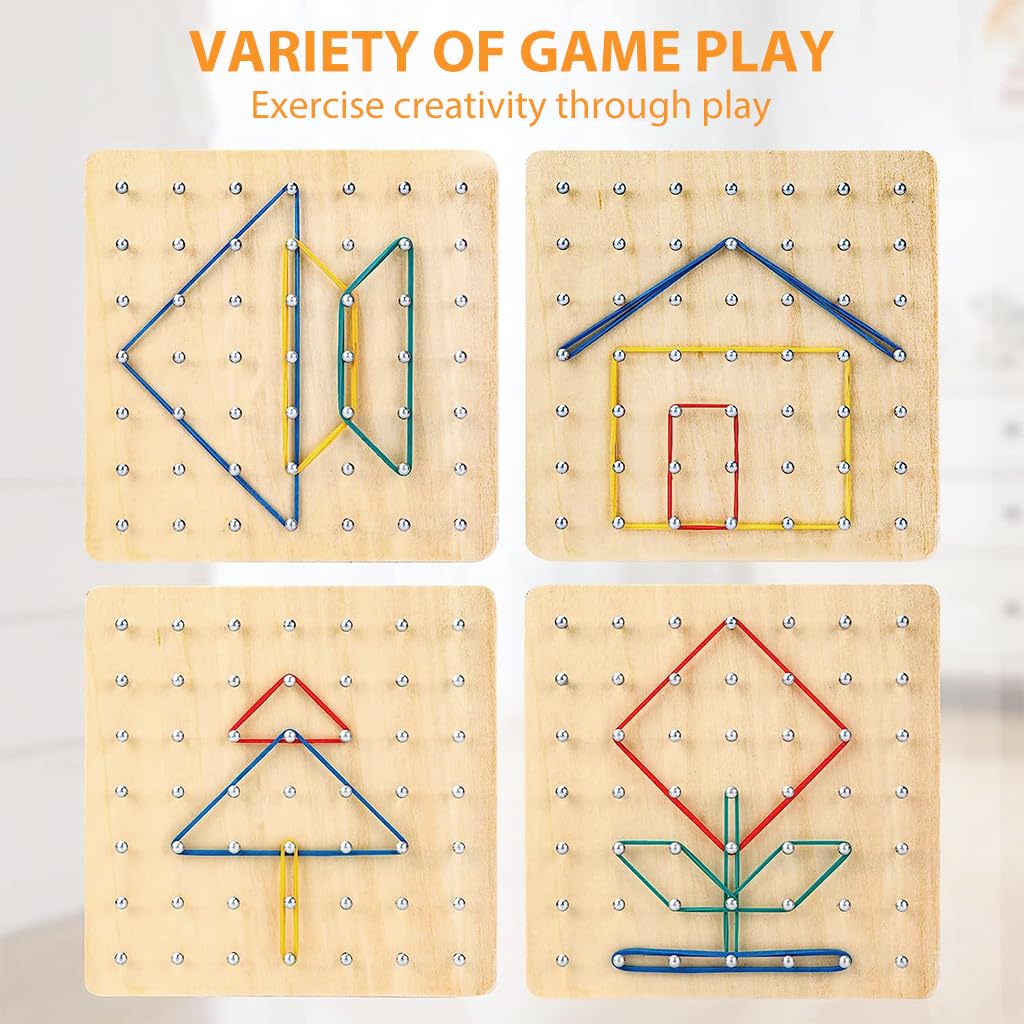PATPAT Wooden Geoborad Wooden Toys for Kids Wooden Puzzles for Kids Montessori Toys, Portable Busy Board for Kids, Fine Motor Skill Toys for Kids, Wooden Game Board with Pattern Cards & Rubber Band