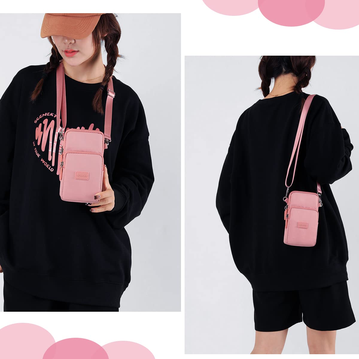 GUSTAVE Pink Mini Wallet Shoulder Small Crossbody Phone Bag for Women with Earphone Cable Hole Wallet Clutch Bag for Women
