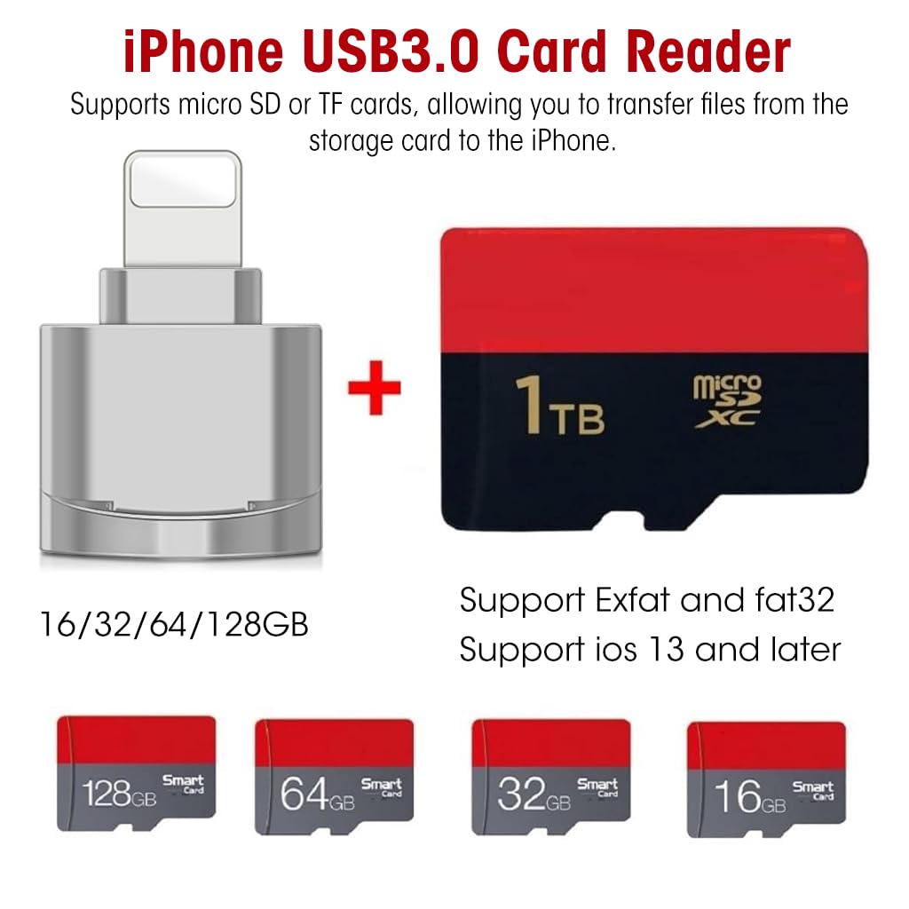 Verilux Micro SD Card Reader for iPhone iPad, Micro SD/TF Card Reader Memory Card Reader for iPhone Plug and Play Card Reader for iPhone 13/12/Pro/11/X/XR/Max