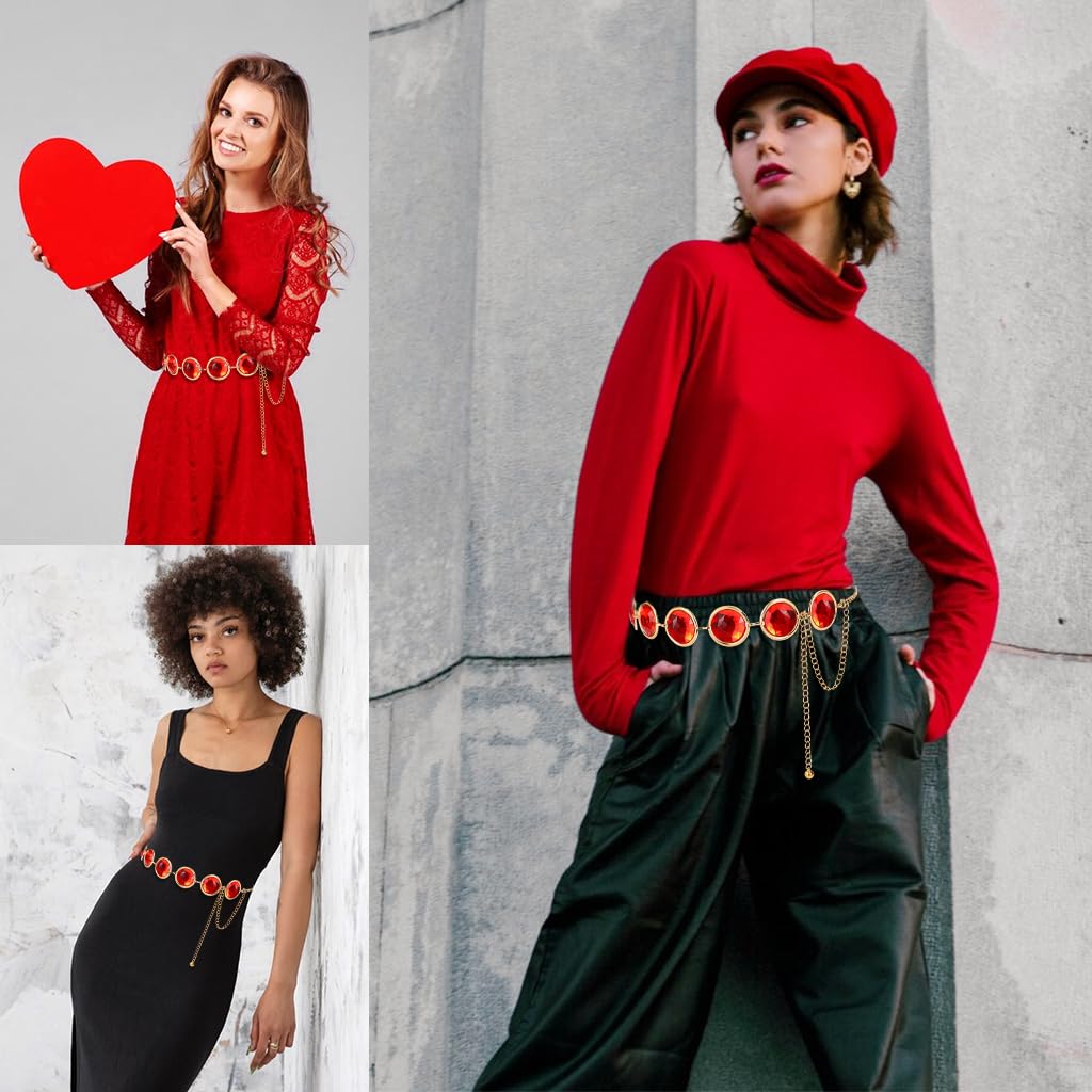 PALAY Waist Belt Fashion Red Gem Chain Belt for Women 45.2 Inches Adjustable Luxury Round Gem Chain Metal Chain Belt for Dress, Skirt, Shirt