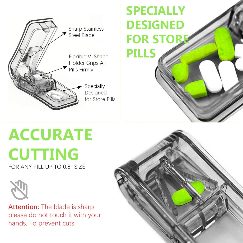 HANNEA Pill Box 2 in 1 Pill Organizer Box with Pill Cutter Multi Compartments Pill Box with Separate Moisture-proof Lid Travel Pill Box Foodgrade ABS Pill Box for Medicine, Tablets, Pills, Supplement