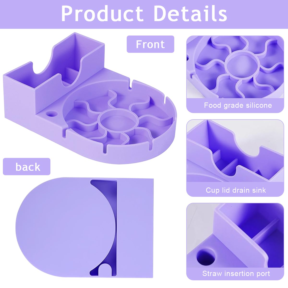 HASTHIP Water Cup Drying Tray Silicone Water Drying Tray with Lid Holder & Straw Slot Reuseable Silicone Drying Tray for Stanley Cup Tumbler Dry Tray, Purple