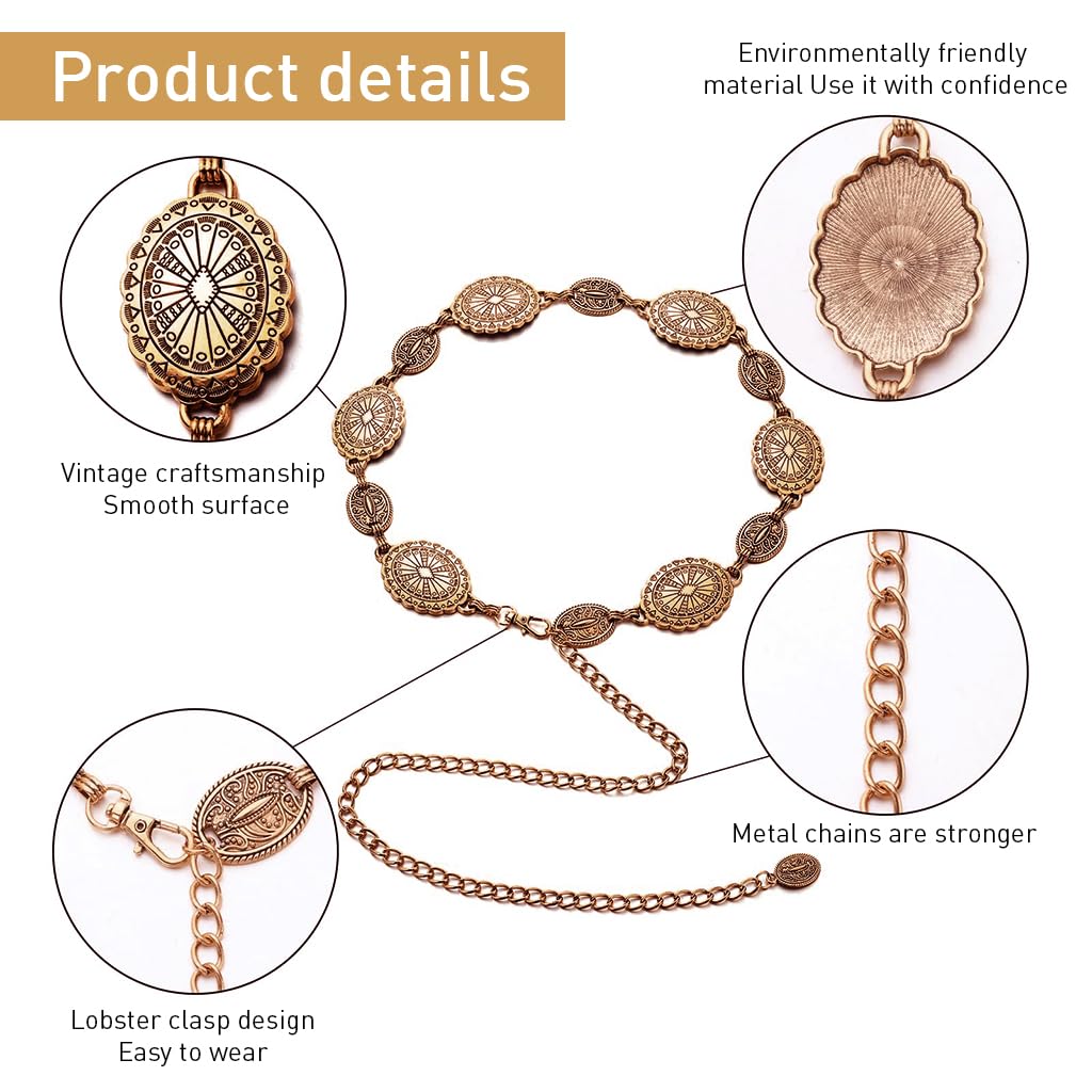 PALAY Waist Belt for Women Golden Metal Concho hip belt for women saree Waist Belt Adjustable boho Western Fashion saree Belt women Chain Belts for Dresses, Jeans, Skirts