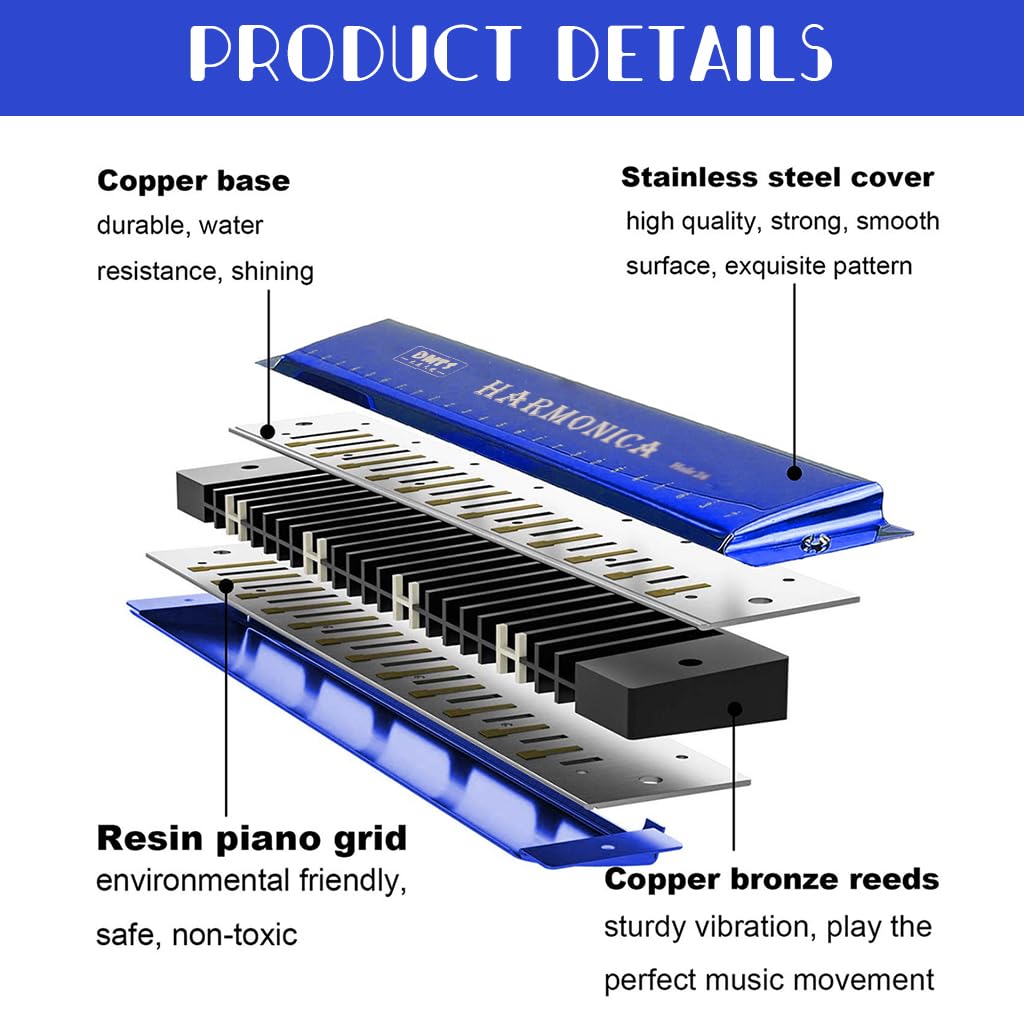 HASTHIP Harmonica, Blues Harmonica Key of C, Blues Folk Mouth Organ Harmonica 24 Holes 48 Tones Standard Harmonica For Adults, Professionals, Beginners and Students