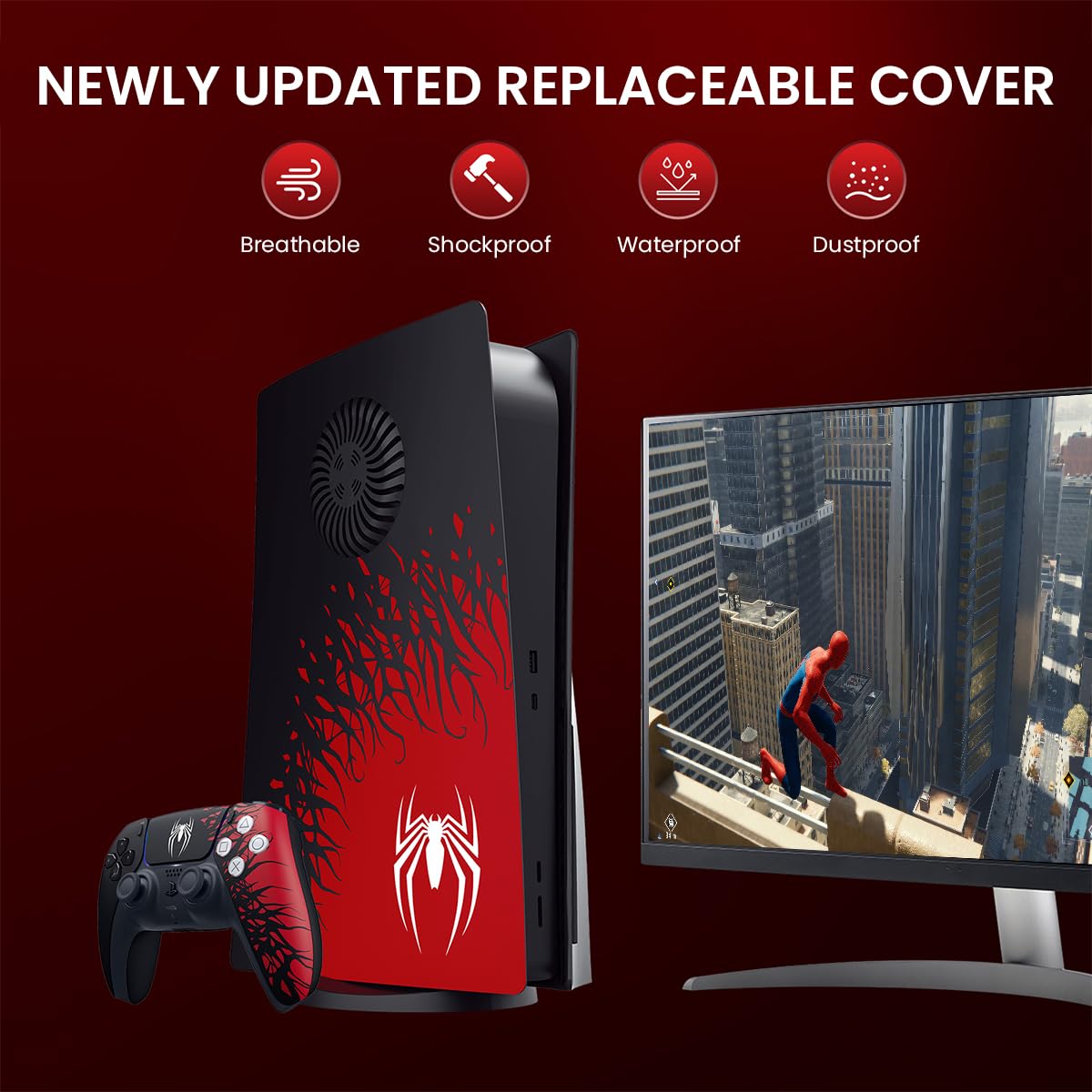 ZORBES Faceplate for Playstation 5 Console Set of 2Pcs PS5 Faceplate with Vent Heat Dissipation PS5 Cover Faceplate Fashion Red Spider Printed Face Cover for PS5 DIY Modification