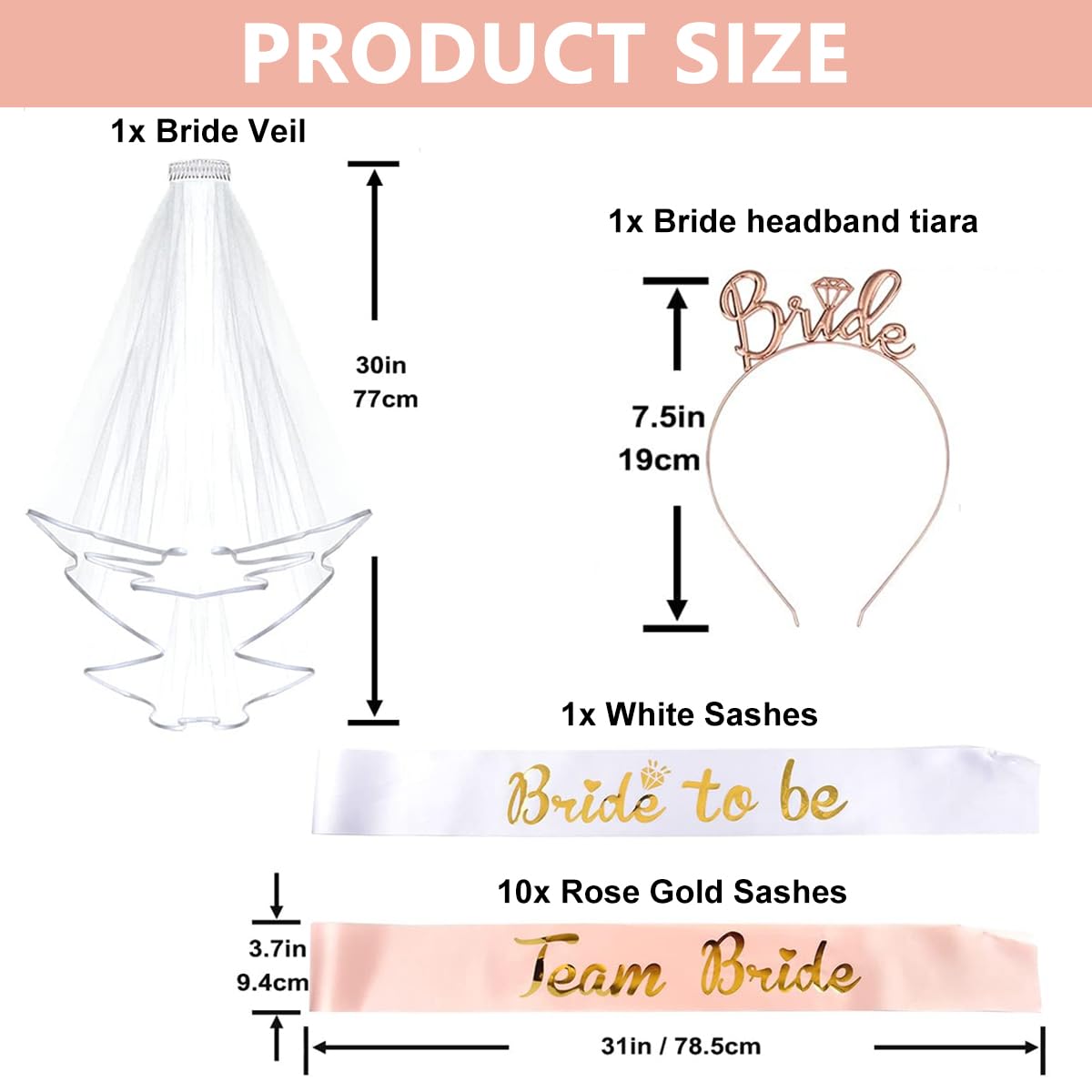 PALAY Bride to Be Decoration Set Combo, Include 1 Bride to be Sash, 10 Team Bride Sash, Headband Tiara and Veil, Bachelorette Party Supplies Bridal Shower Games Accessories Kit