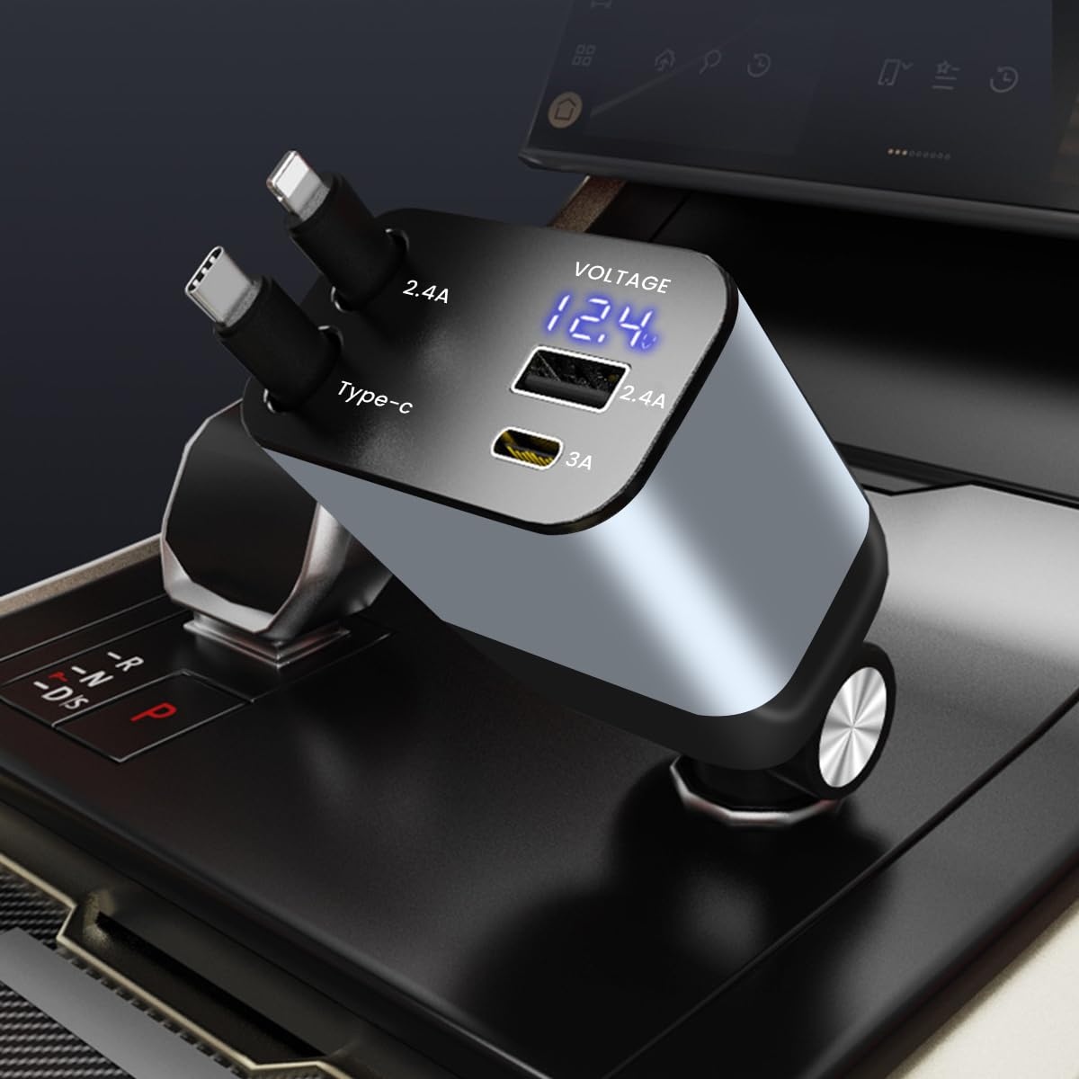 HASTHIP Retractable Car Charger, 4 in 1 Fast Car Phone Charger 66W, 2 Retractable Cables and USB Car Charger,