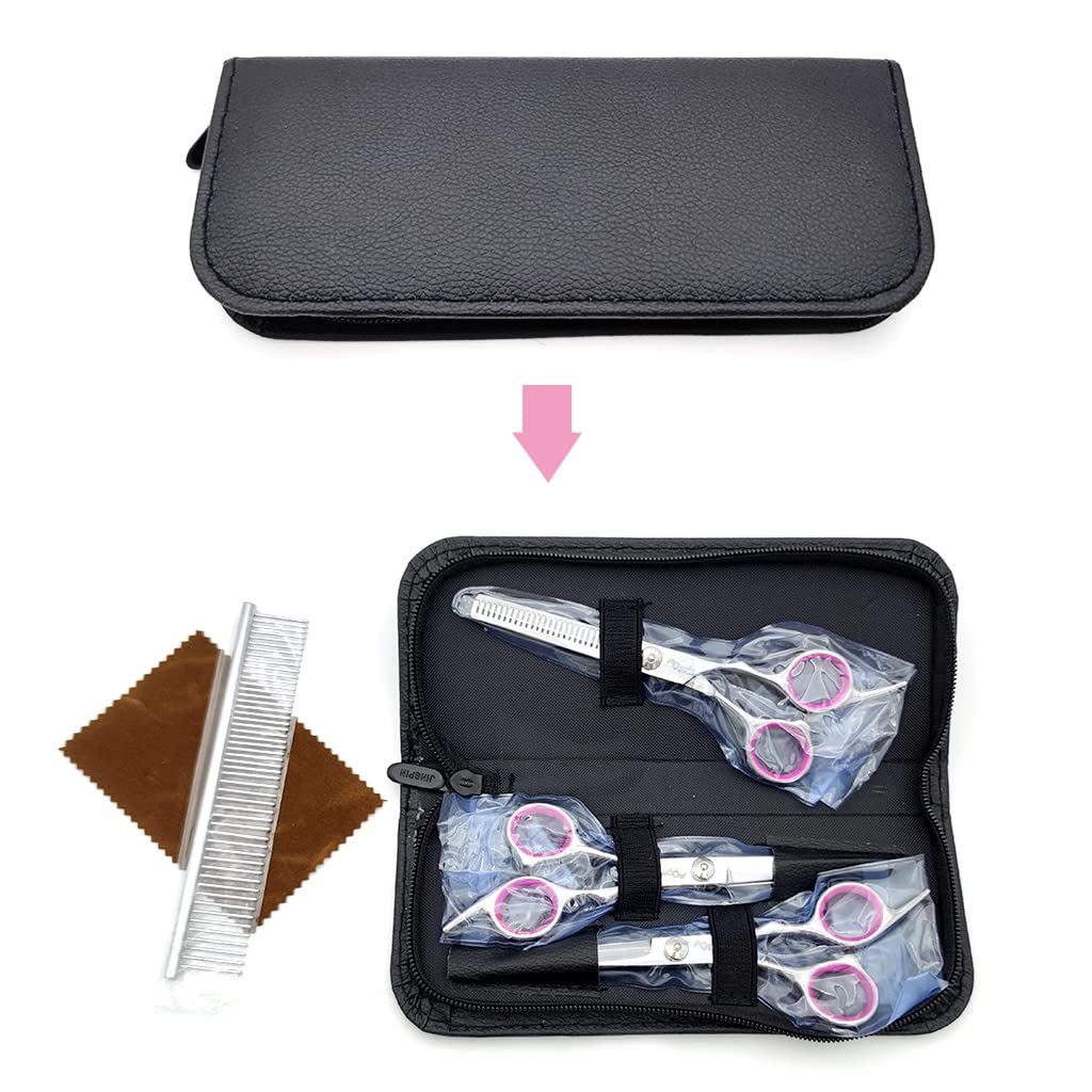 Qpets Dog Grooming Scissors Kit with Safety Round Tips Stainless Steel Professional Dog Grooming Shears Set - Thinning, Straight, Curved Shears and Comb for Long Short Hair for Dog Cat Pet (4 PCS)