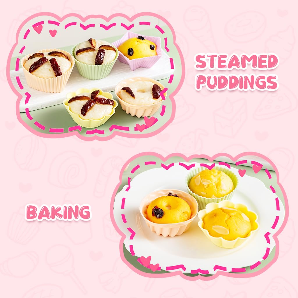 HASTHIP 10Pcs Silicone Cake Molds 5 Designs Creative Kitchen Baking Cake Mold Sunflower Heart-shaped Star Cupcake Molds BPA Free Silicone Heat Resistant Silicone Molds for Cake, Chocolate, Jelly