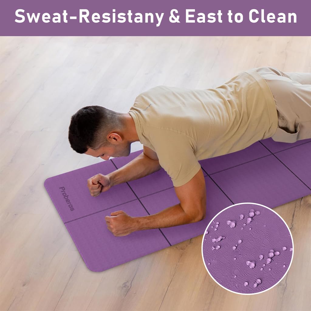 Proberos Portable Folding Yoga Mat with Carry Bag TPE Yoga Mat Anti-slip 5mm Thicken Fitness Yoga Mat for Men Women Pilates Mat for Home Workout, Gym, Travel, 72x24 inches, Purple