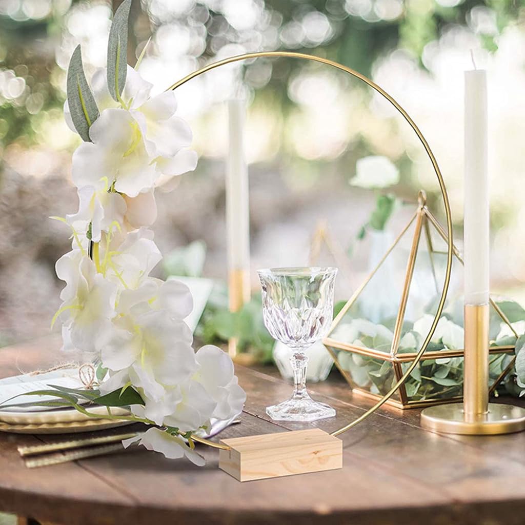 HASTHIP 6Pcs 12-Inch Golden Floral Hoops with Wooden Holder, Metal Macrame Gold Wreath Ring, Party Display Cake Stand for Wedding Table Settings, Romantic Dining Decor, Party Ornaments