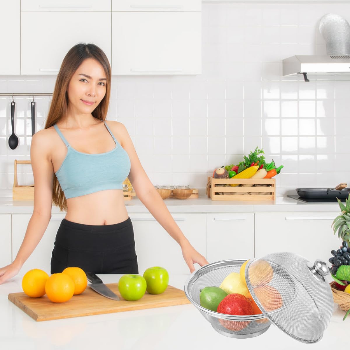 HASTHIP 2Pcs Fruit Basket for Dining Table Large 25cm/28cm Stainless Steel Fruit Basket with Lid Net Cover Protective Fruits Vegetables Food Storage Strainer Basket for Kitchen, Home, Dining