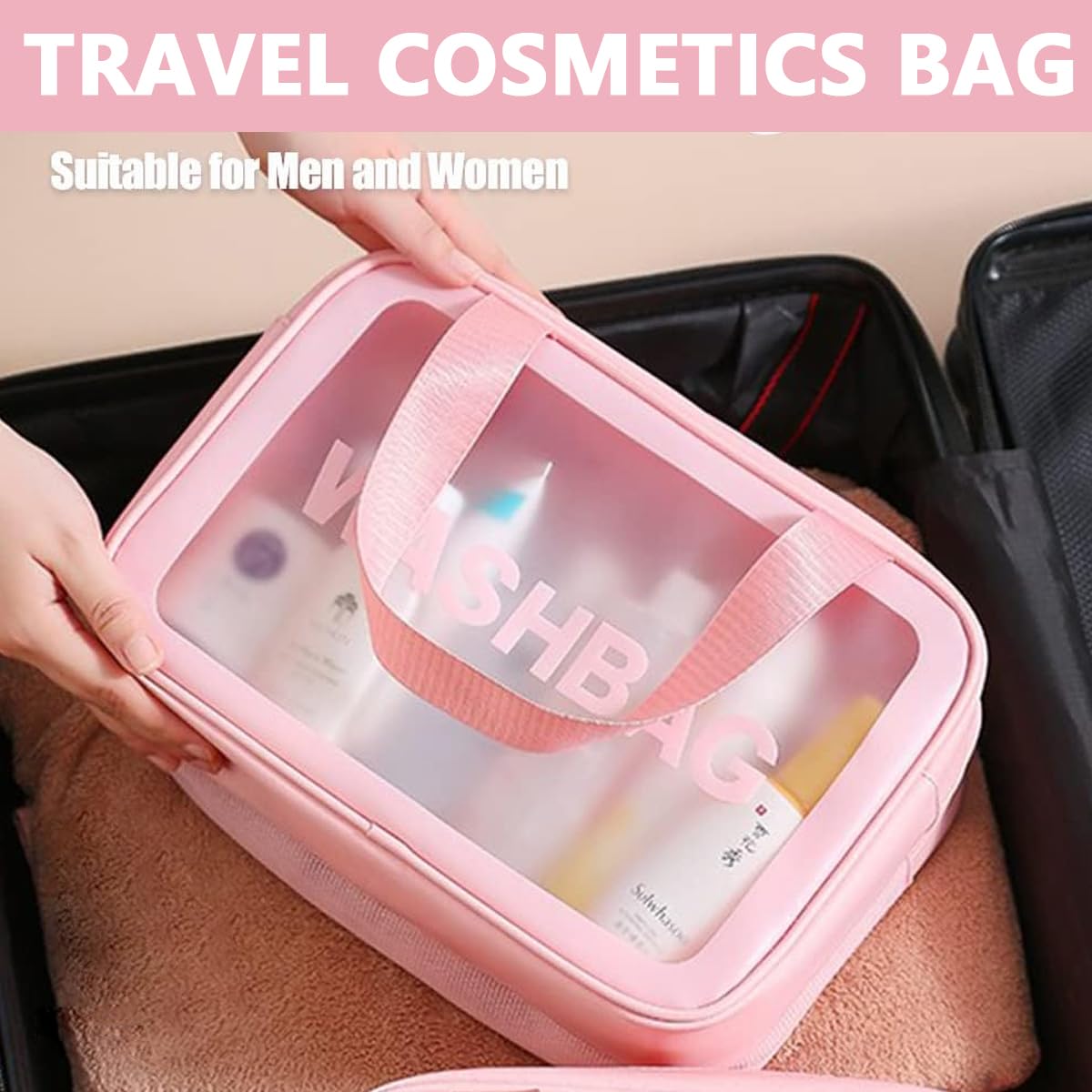 MAYCREATE Travel Toiletry Bag, Large Clear Makeup Bags, 2 in 1 Cosmetics Bag with Zipper Handle, Translucent Waterproof and Draining Travel Accessories Bag, Pink