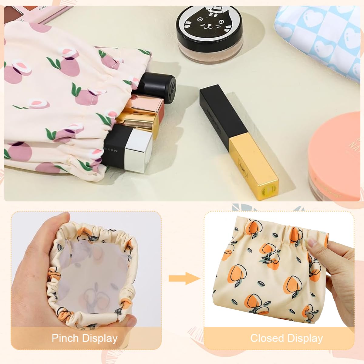 MAYCREATE 3pcs Small Pouches for Women, Travel Mini Makeup Pouch Set, Stylish Prints Lipstick Coin Pouch for Girls, Squeeze Open Jewelry Storage Bag Hair Accessories Organizer