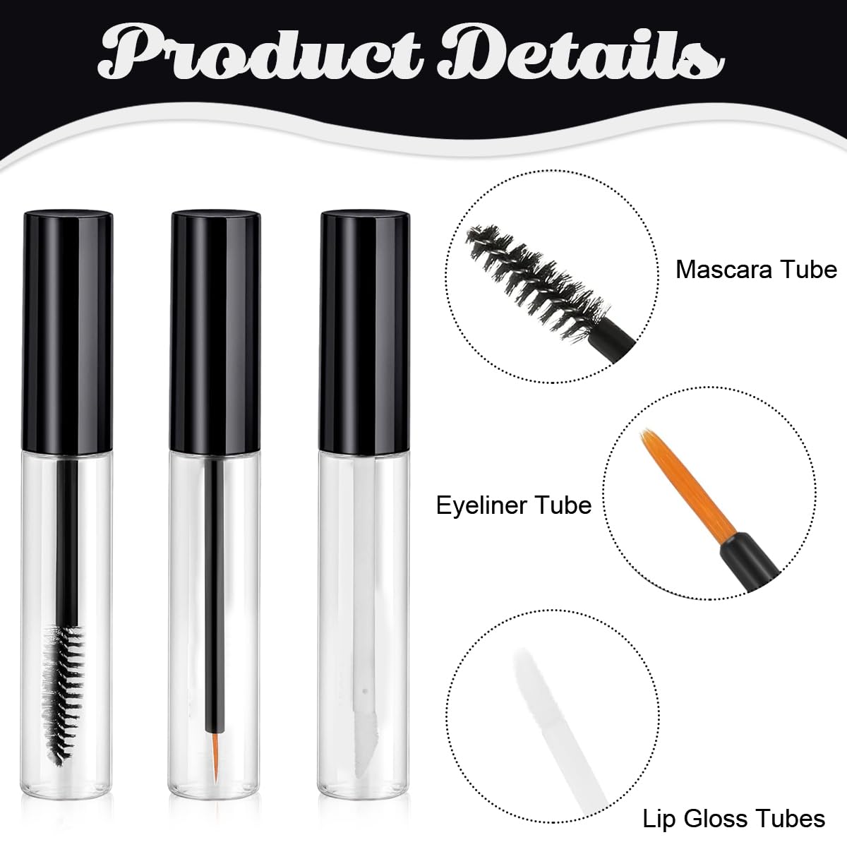 MAYCREATE 3Pcs 10ML Empty Mascara Tube, Eyeliner Tube and Lip Gloss Tubes, Lip Gloss Tubes with Wand, Eyeliner Tube with Rubber Inserts and Funnels, Airless Pump Bottles Travel Foundation Container