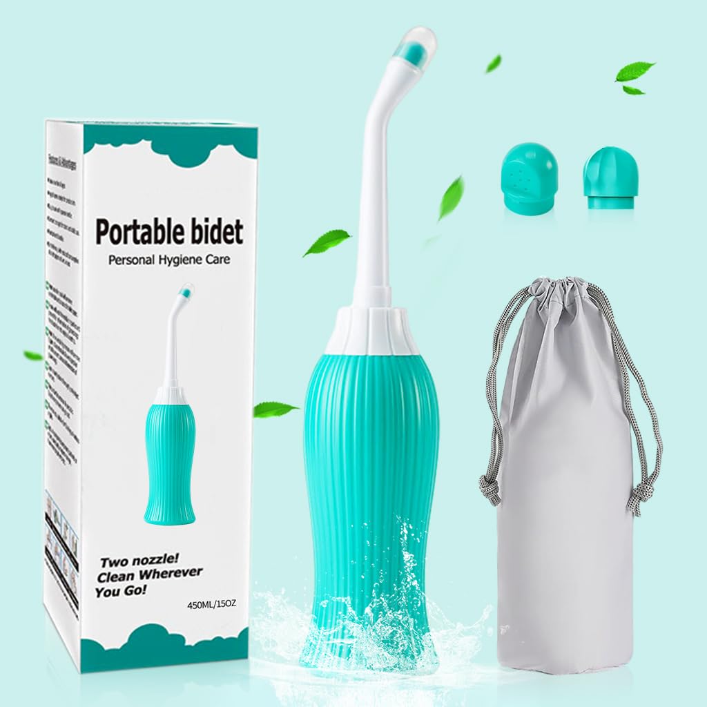 HANNEA 450ml Portable Retractable Travel Bidet with Bag/2 Nozzles for Toilet Handheld Postpartum Perineal Cleansing Childbirth Cleaner - for Outdoor,Camping,Personal Hygiene (Green)