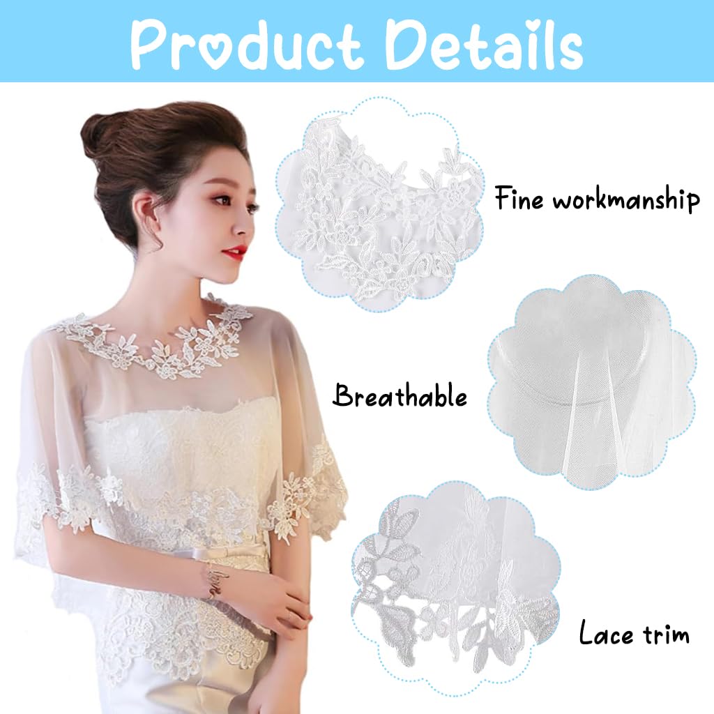 PALAY Sheer Lace Shawl Elegant White Lace Evening Dress Wrap Shawl Bridal Cape Cover Up Shawl Bridal Shawl Embroidery Floral Edge Lace Shawl for Dresses, Off-Shoulder