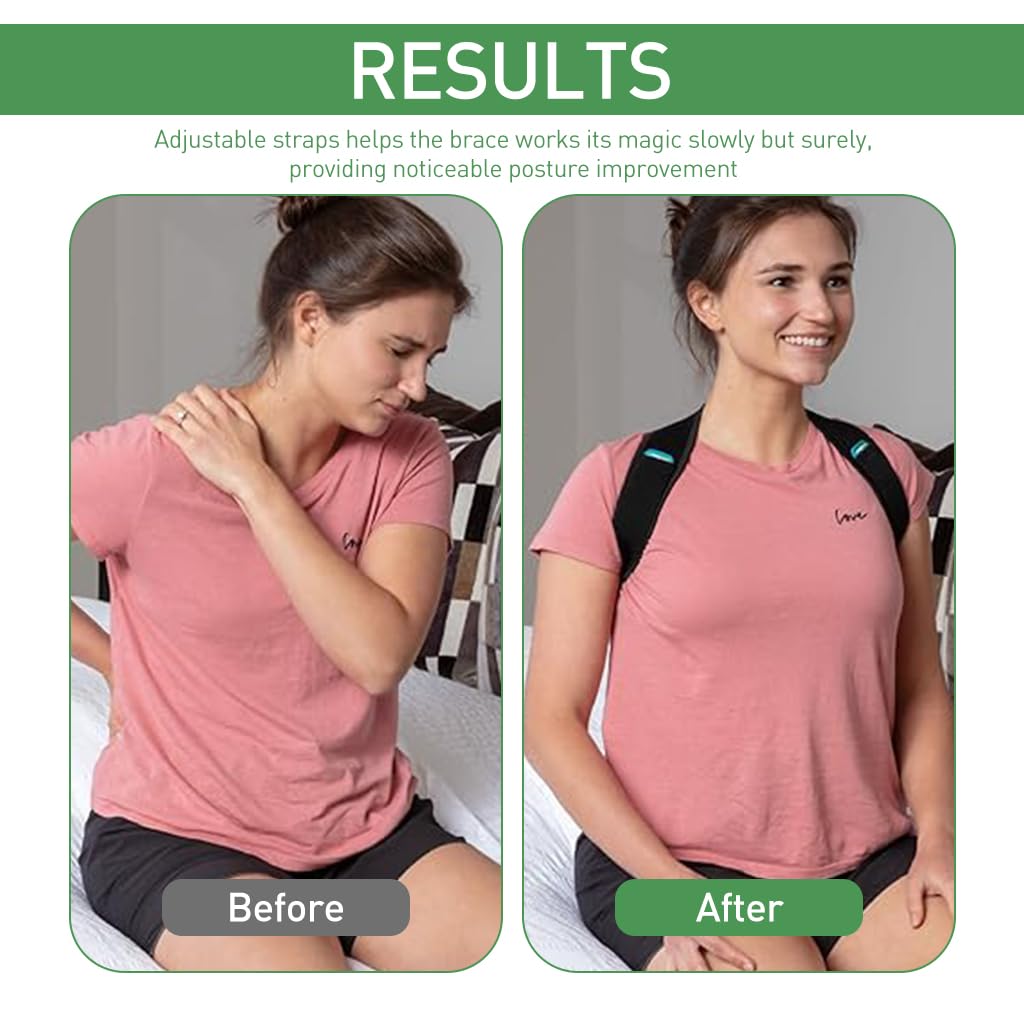 HANNEA Posture Corrector For Men & Women, Spine & Body Posture Correction Back Support Belt, Improving Posture Adjustable Back Shoulder Support Belt - Back Pain Relief Products, Black Green Arrow, M