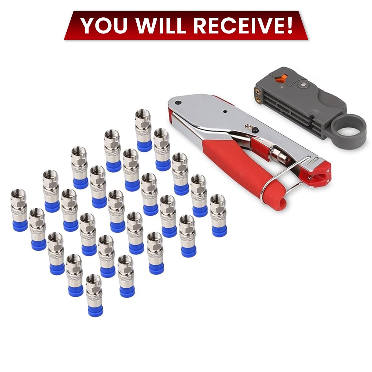 Serplex Coax Cable Crimper Kit RD6 RD59 Coaxial Compression Tool Kit Coax Cable Crimper Wire Stripper And Cutter with 20pcs F RG6 RG59 Connectors Included Compression Connectors, Tools, Stripper